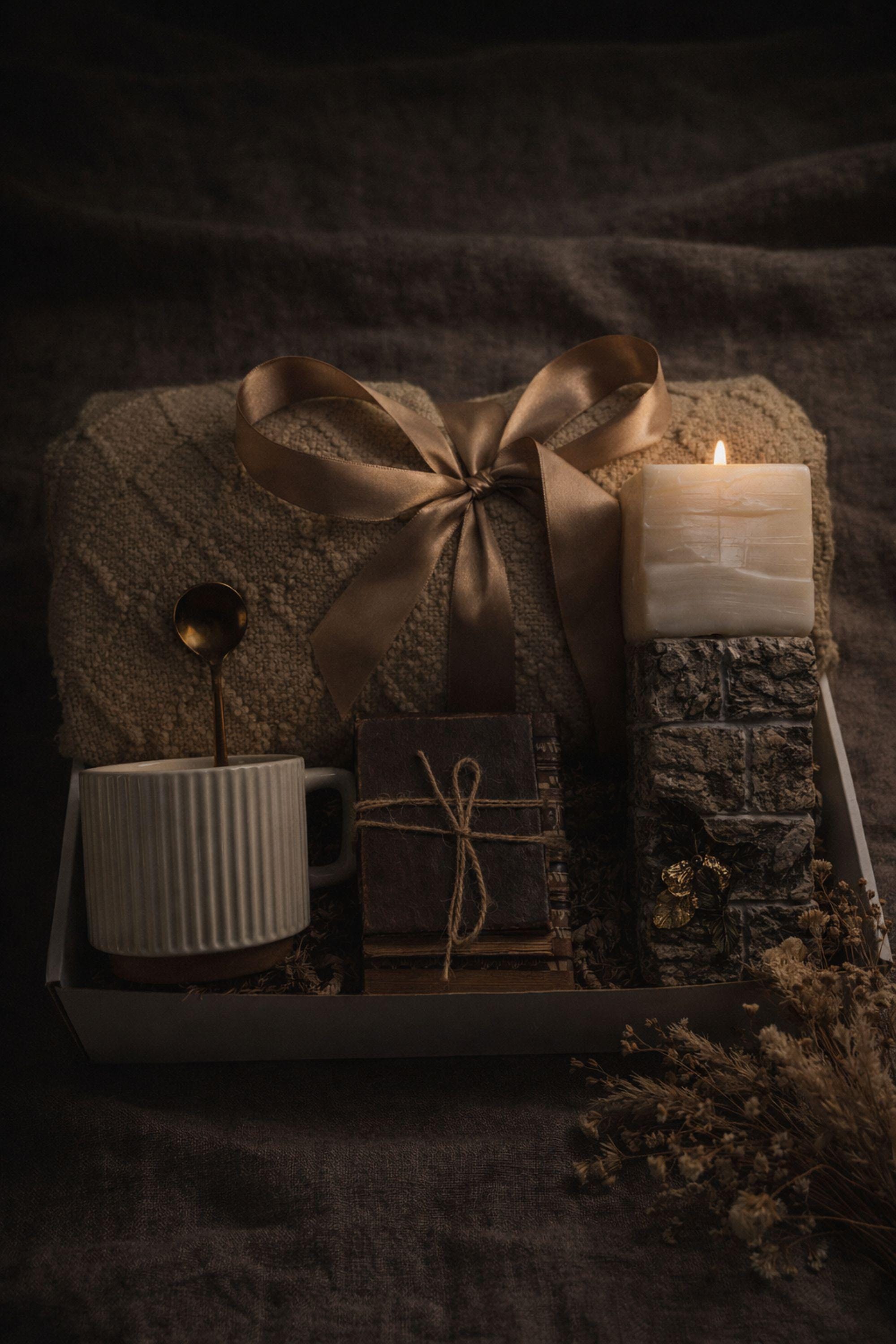 Sympathy gift box for loss of husband displayed on mouse grey linen background, open white 10x13x5 comfort care package featuring handmade 24K textured candle with stone base, cozy knit blanket tied with satin ribbon, cream ceramic mug with spoon, natural handmade soap on wooden holder, and rustic crinkle paper filler. Bereavement gift for grieving wife, condolence present, memorial comfort box, grief support package designed to send love and healing.