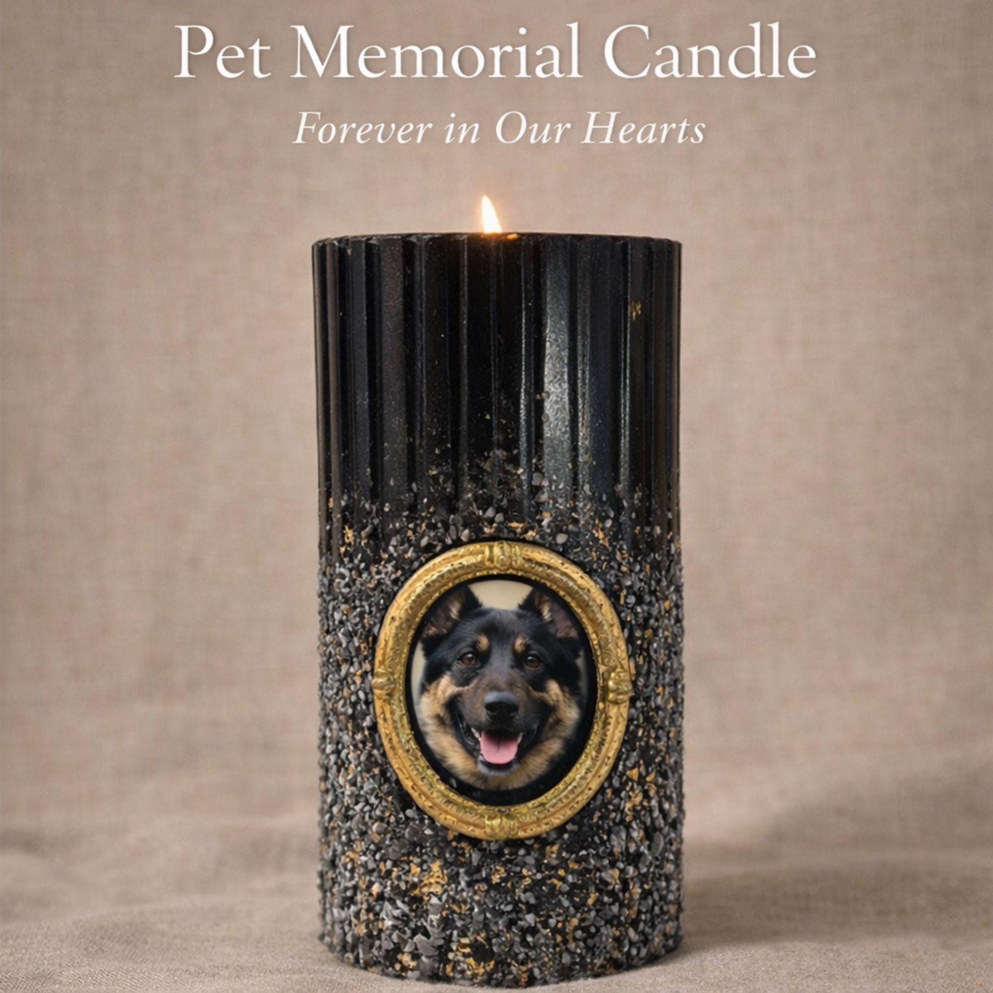 Pet memorial candle with vintage gold photo frame, black textured candle with gold flecks designed to hold a cherished photo of a beloved pet. Thoughtful dog loss gift or cat memorial candle that creates a meaningful remembrance keepsake. Elegant sympathy gift for pet loss featuring a photo insert frame for displaying a treasured memory of a dog or cat.