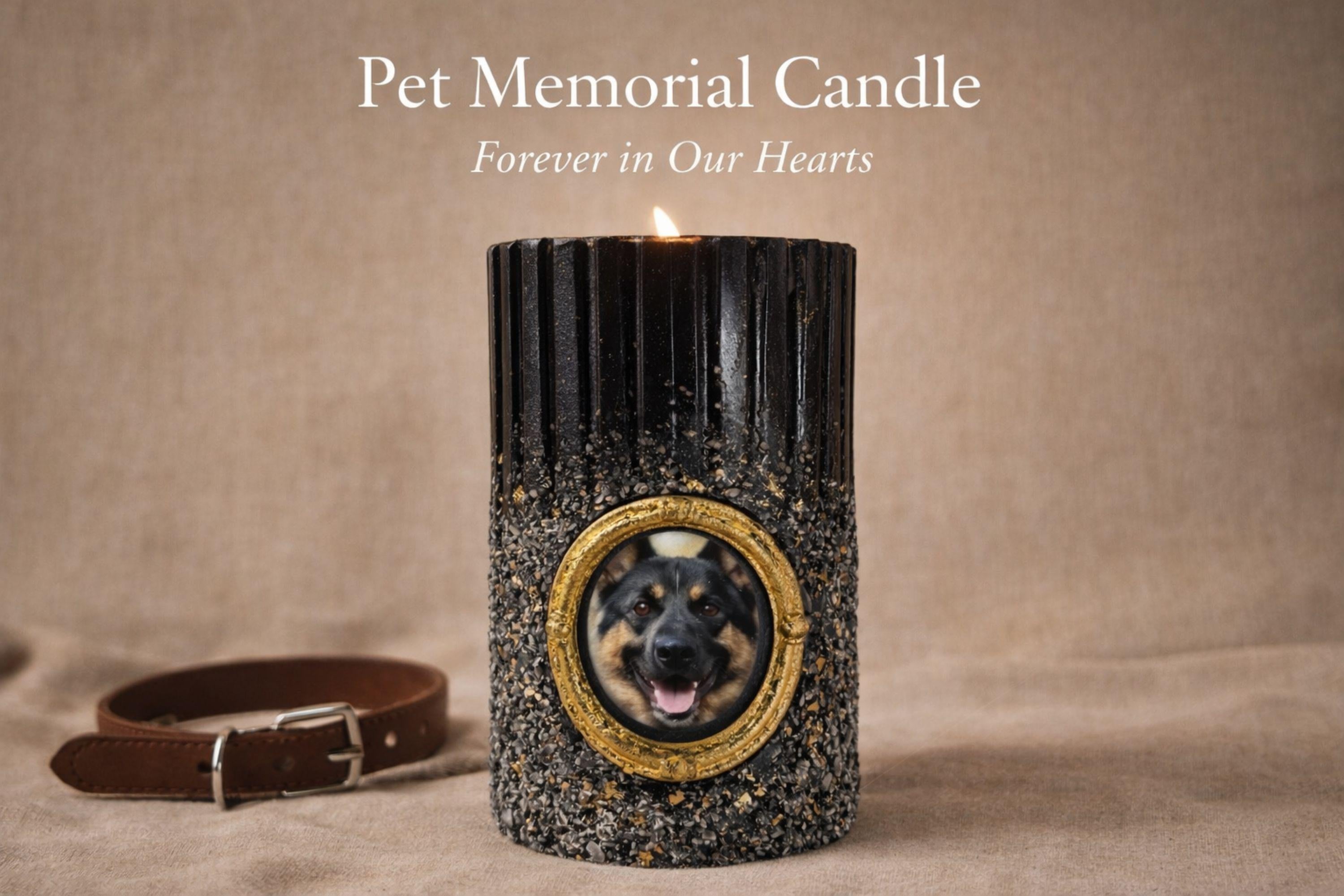 Pet memorial candle with vintage gold photo frame, black textured candle with gold flecks designed to hold a cherished photo of a beloved pet. Thoughtful dog loss gift or cat memorial candle that creates a meaningful remembrance keepsake. Elegant sympathy gift for pet loss featuring a photo insert frame for displaying a treasured memory of a dog or cat.