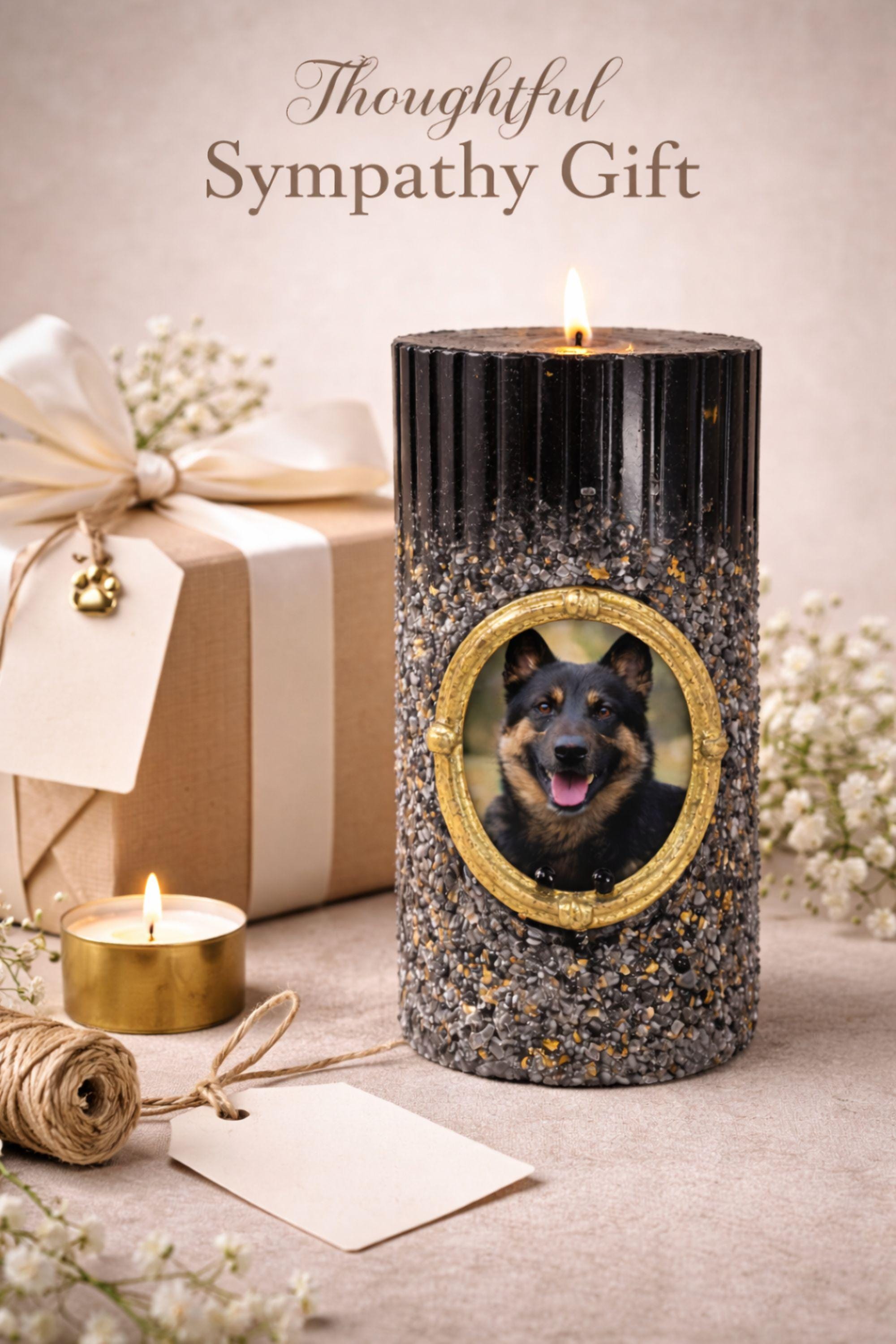Pet memorial candle with vintage gold photo frame, black textured candle with gold flecks designed to hold a cherished photo of a beloved pet. Thoughtful dog loss gift or cat memorial candle that creates a meaningful remembrance keepsake. Elegant sympathy gift for pet loss featuring a photo insert frame for displaying a treasured memory of a dog or cat.