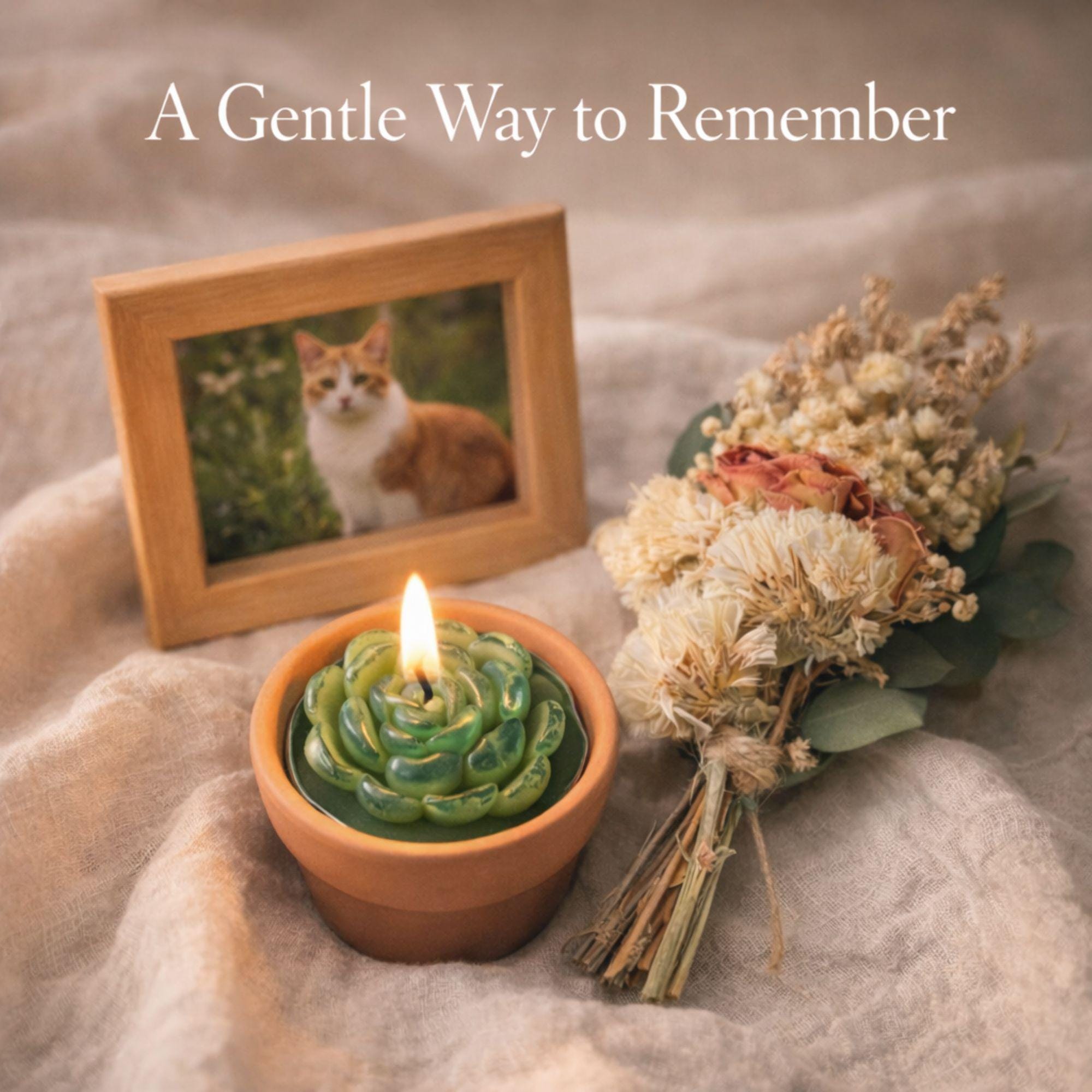 Pet loss sympathy gift box with memorial candle, honey soap, dried flowers, bath salts and matches arranged in elegant black gift box. Comfort care package designed as dog or cat memorial gift for grieving pet owner. Thoughtful pet bereavement gift with remembrance candle and self care elements to offer support after the loss of a beloved pet.