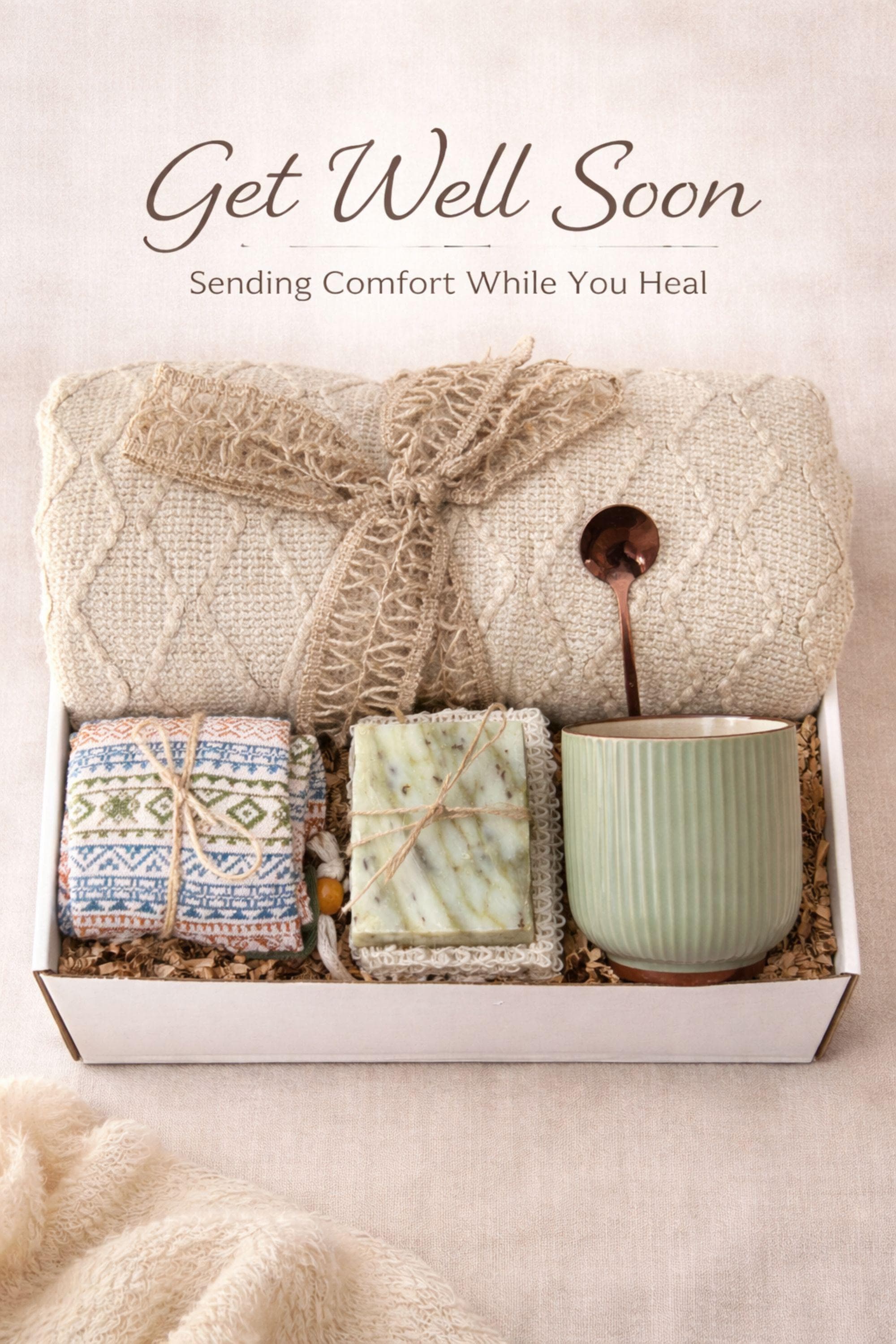 Get well soon gift box for her featuring cozy blanket, handmade soap, ceramic mug and spoon, comfort care package designed to help her feel better, thoughtful recovery gift for illness, cozy self care gift box for women, relaxing wellness gift, support gift for friend or coworker, thinking of you gift, ready to gift comfort package for rest, warmth and emotional care