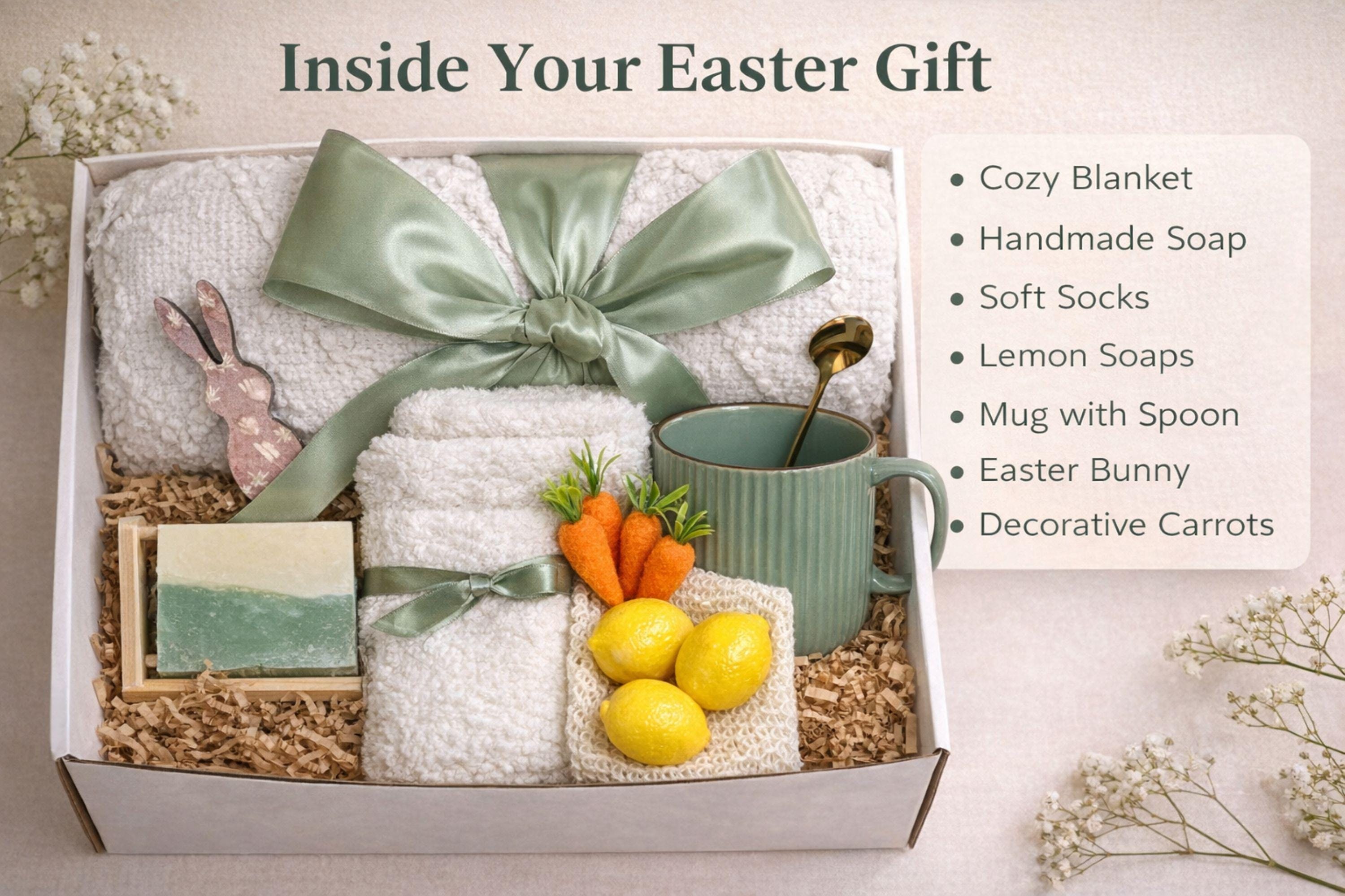 Easter gift box for women featuring a cozy knit blanket tied with green ribbon, ceramic mug with spoon, handmade artisan soap, soft socks, two lemon shaped soaps, decorative spring carrots and bunny accent arranged inside a gift box. Spring self care gift basket and Easter care package alternative to traditional Easter baskets, perfect Easter present for mom, sister, friend or women who enjoy cozy comfort gifts.