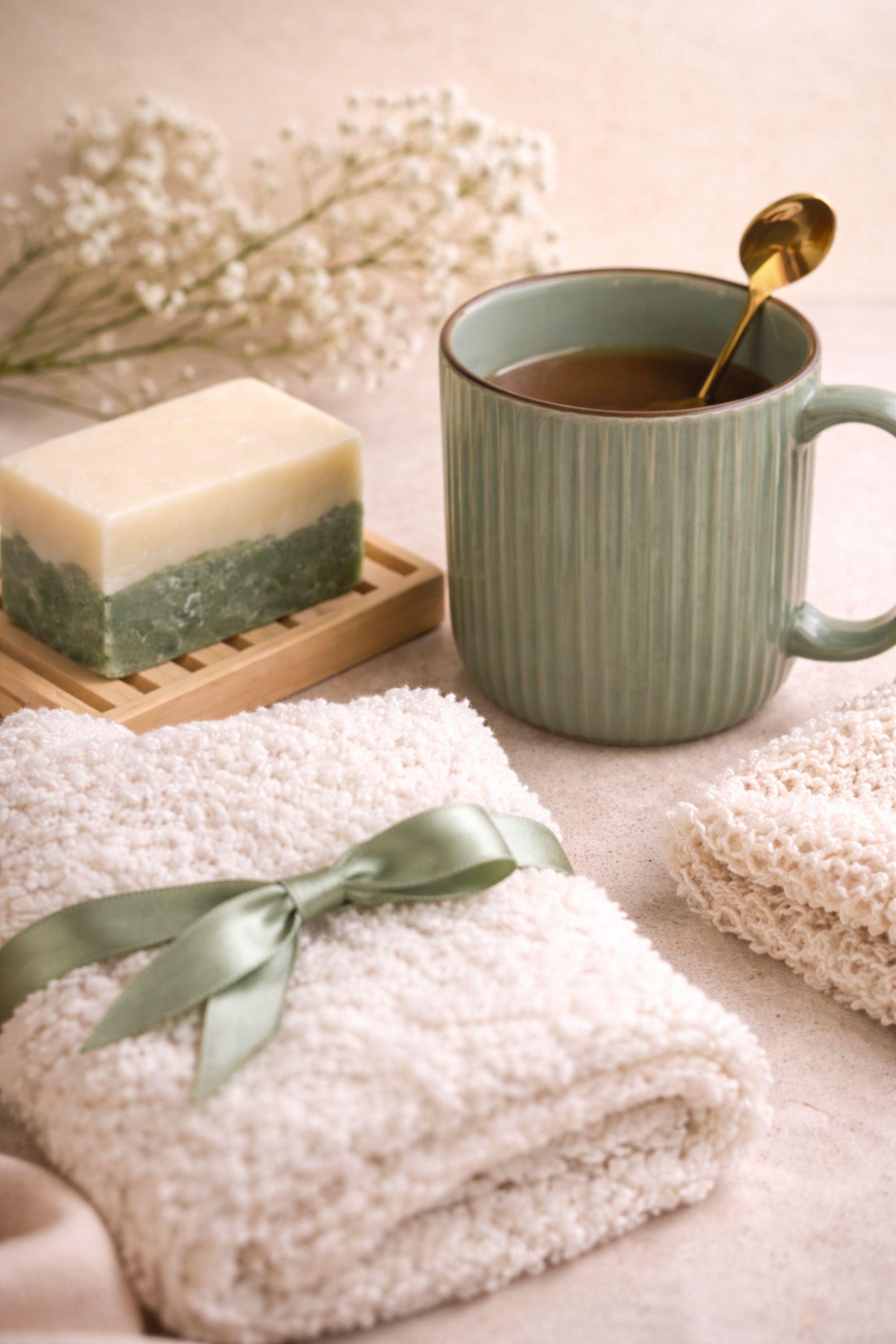 Easter gift box for women featuring a cozy knit blanket tied with green ribbon, ceramic mug with spoon, handmade artisan soap, soft socks, two lemon shaped soaps, decorative spring carrots and bunny accent arranged inside a gift box. Spring self care gift basket and Easter care package alternative to traditional Easter baskets, perfect Easter present for mom, sister, friend or women who enjoy cozy comfort gifts.