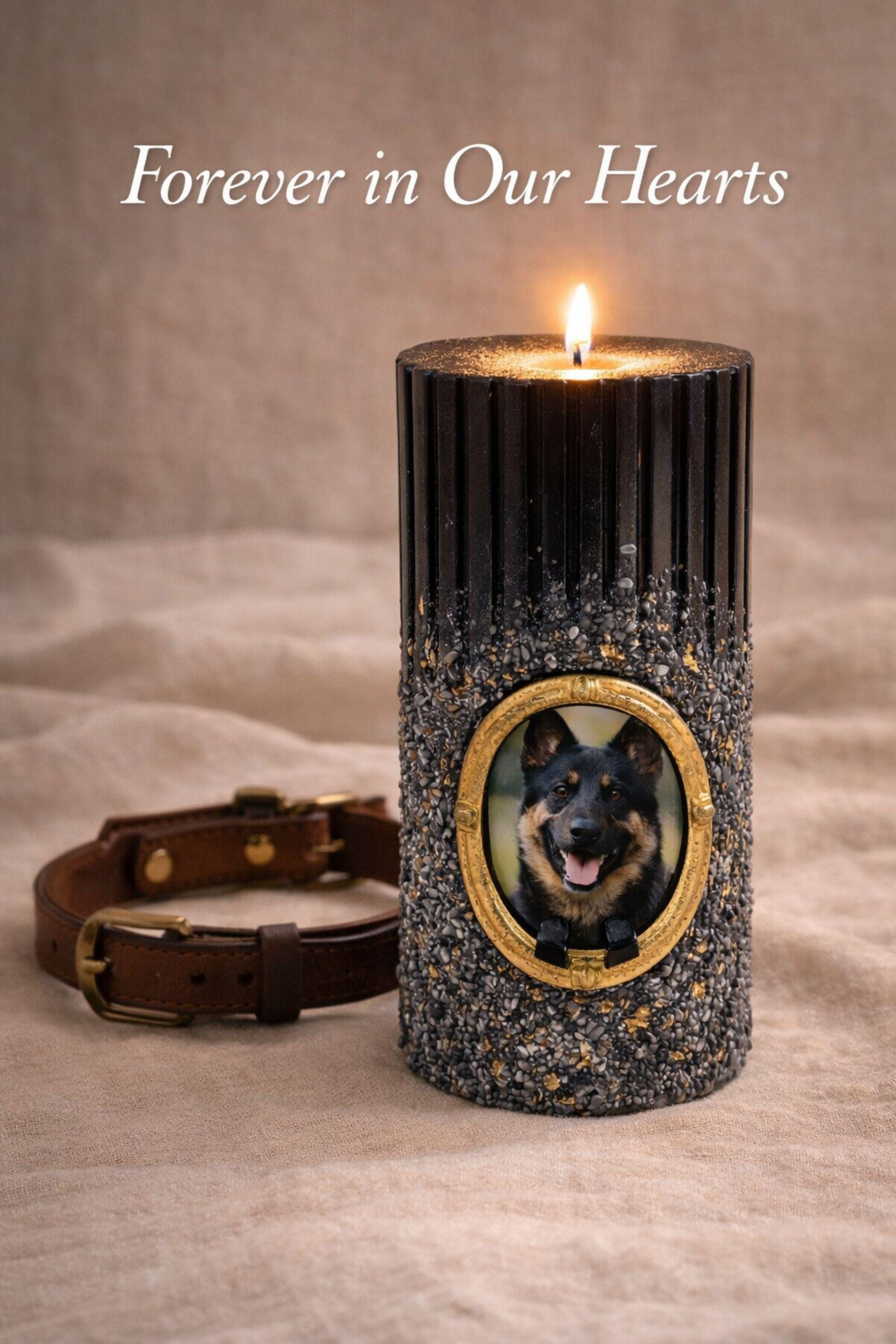Personalized dog memorial candle with photo frame, pet loss sympathy gift featuring custom dog photo in gold oval frame, remembrance candle for loss of a dog, pet memory candle with textured black holder and lit candle flame, thoughtful pet memorial gift for grieving dog owners, dog remembrance keepsake, personalized pet loss candle, pet sympathy gift idea for loss of beloved dog companion.