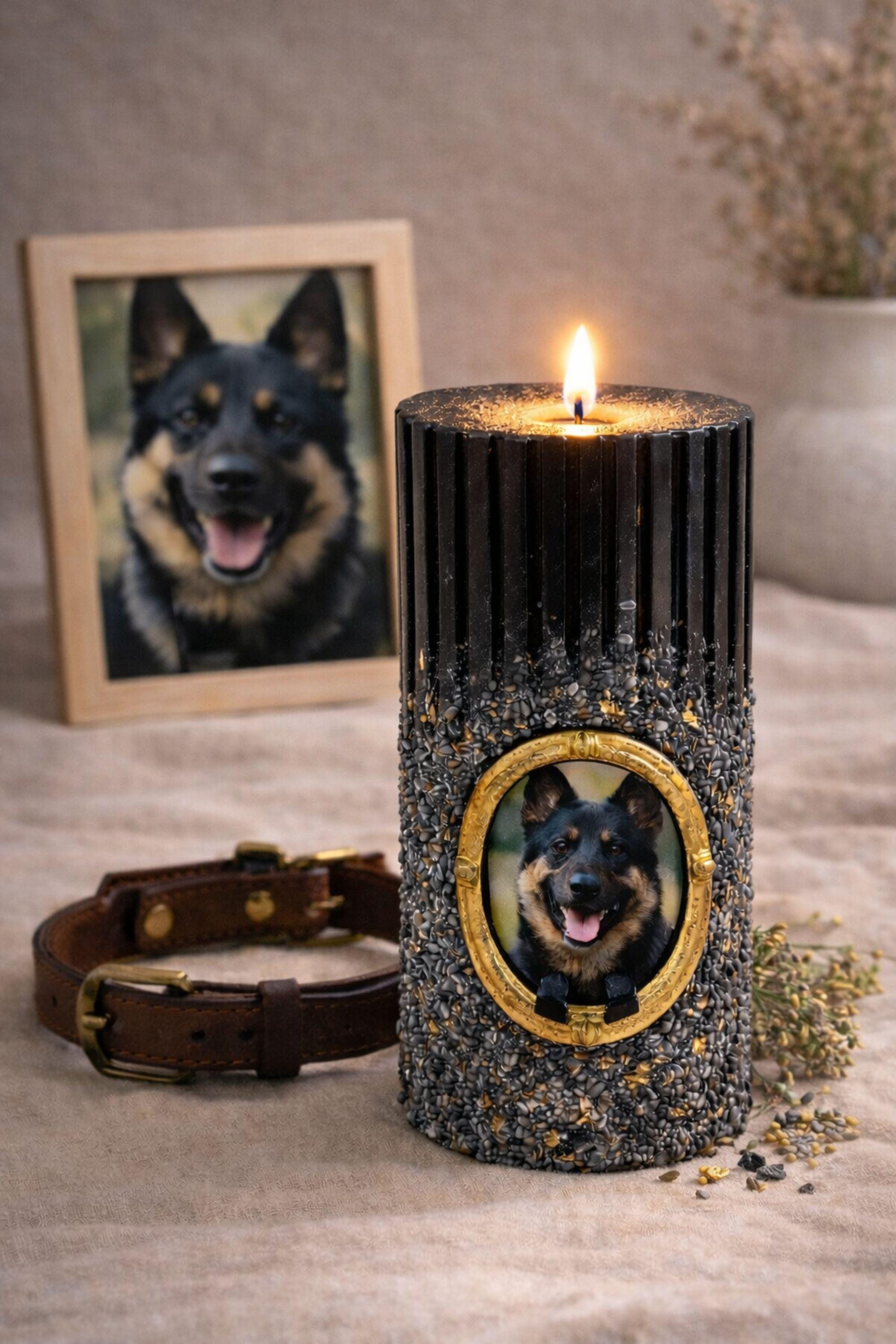 Personalized dog memorial candle with photo frame, pet loss sympathy gift featuring custom dog photo in gold oval frame, remembrance candle for loss of a dog, pet memory candle with textured black holder and lit candle flame, thoughtful pet memorial gift for grieving dog owners, dog remembrance keepsake, personalized pet loss candle, pet sympathy gift idea for loss of beloved dog companion.