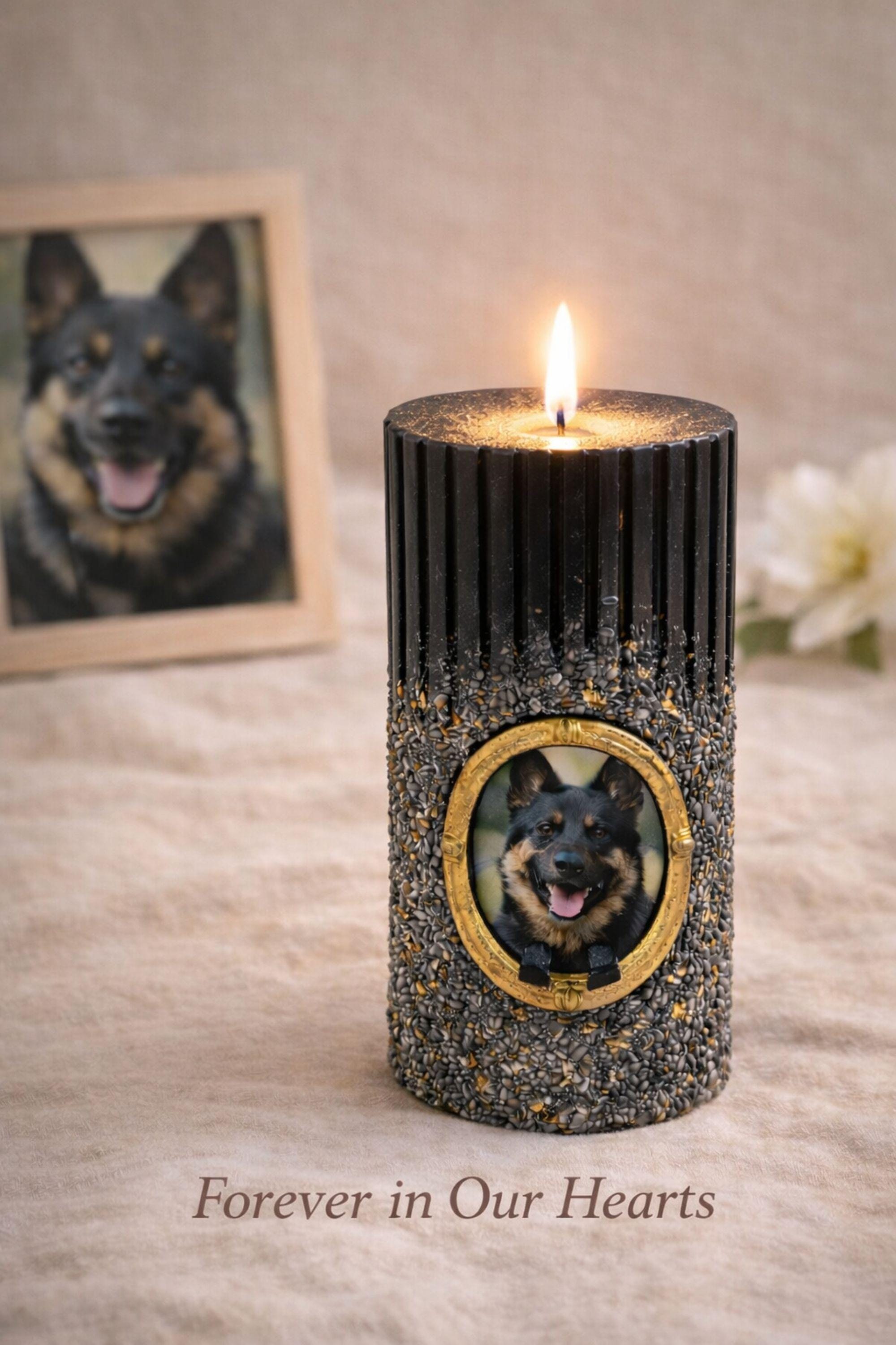 Personalized pet memorial candle showing custom dog photo inserted into gold oval frame, textured black memorial candle designed as pet loss gift, thoughtful dog remembrance candle for honoring a beloved pet.