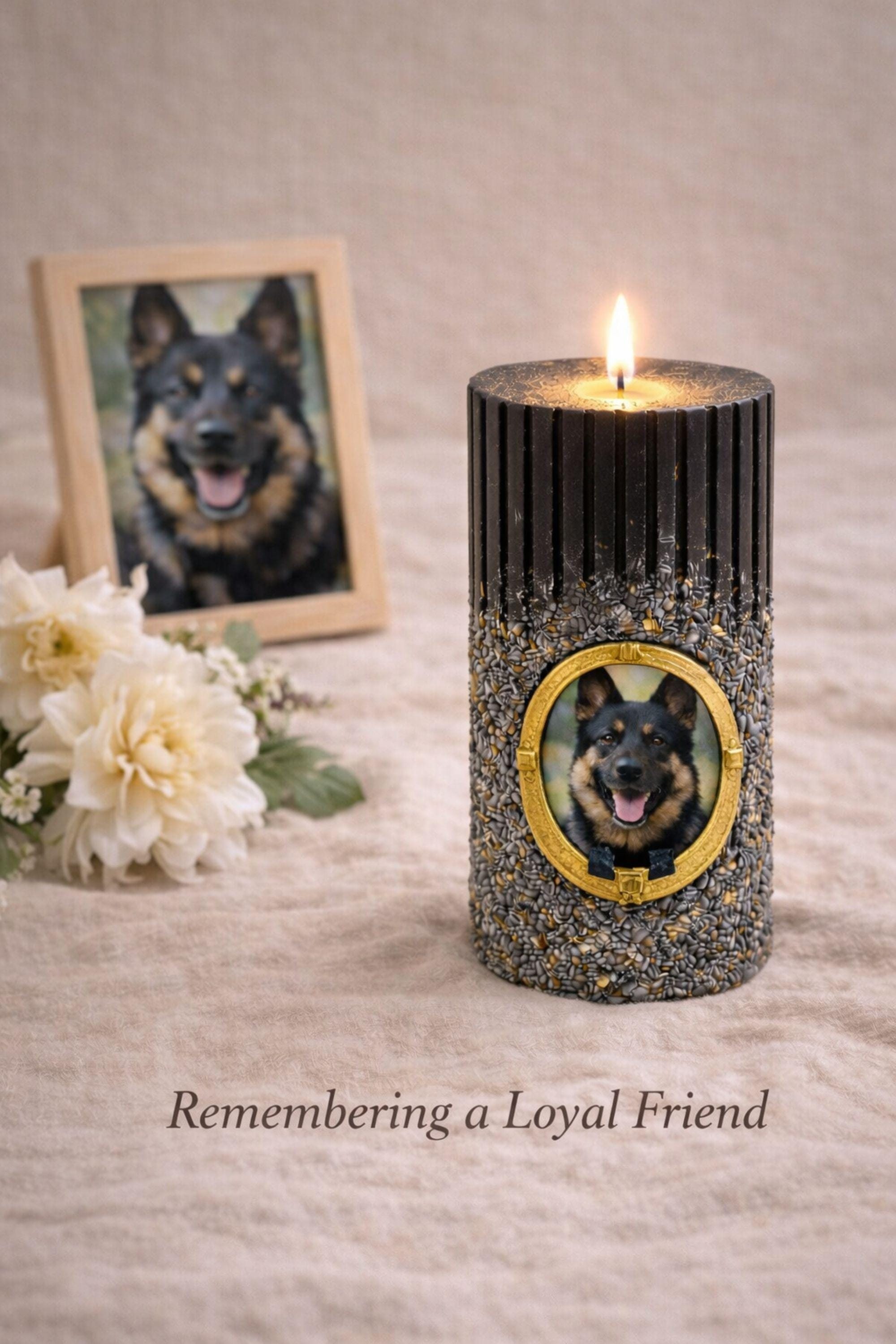 Minimal product photo of personalized pet memorial candle with gold frame and dog photo, elegant ribbed black remembrance candle created to honor a beloved dog or pet.