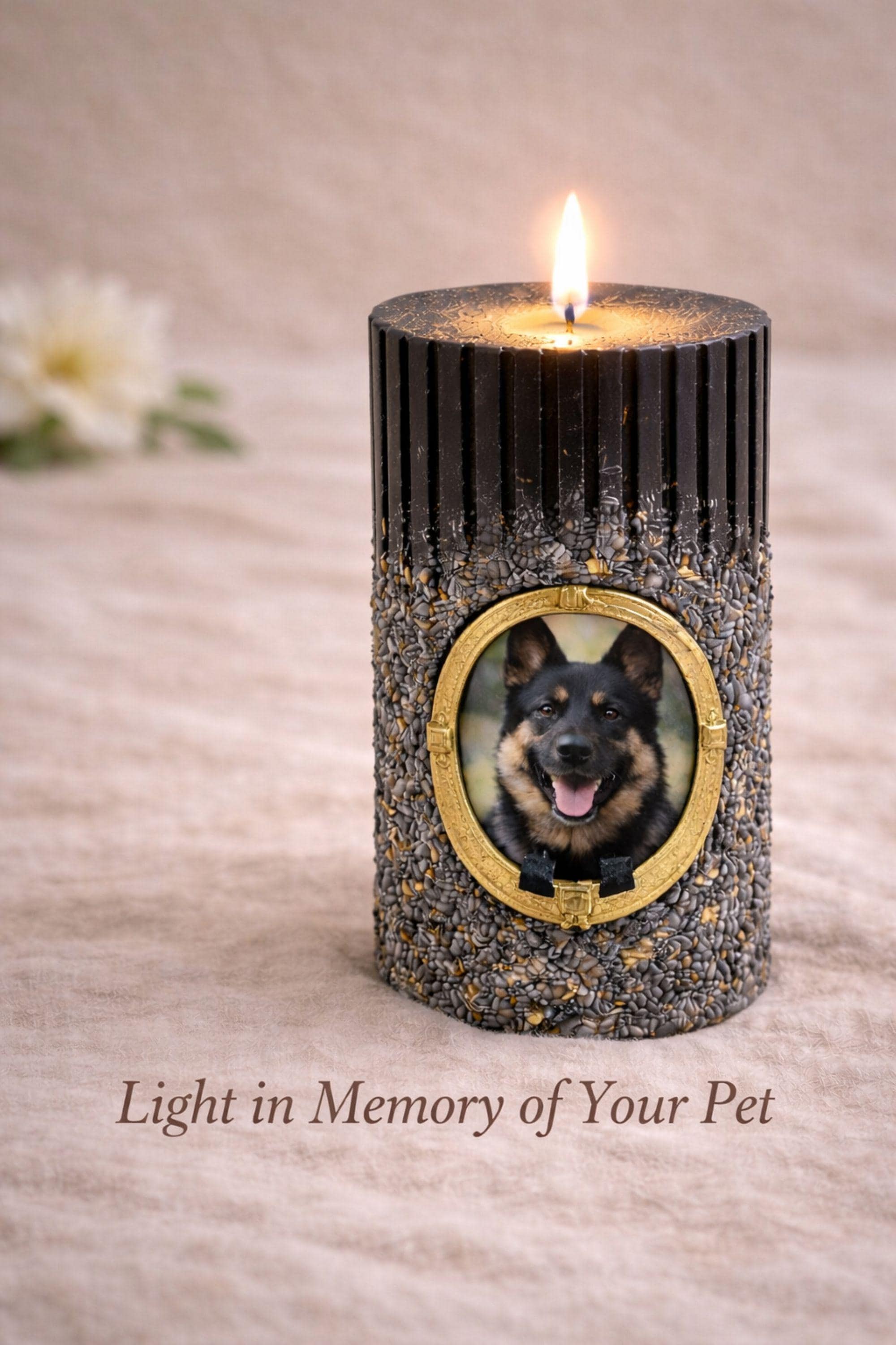 Minimal product photo of personalized pet memorial candle with gold frame and dog photo, elegant ribbed black remembrance candle created to honor a beloved dog or pet.