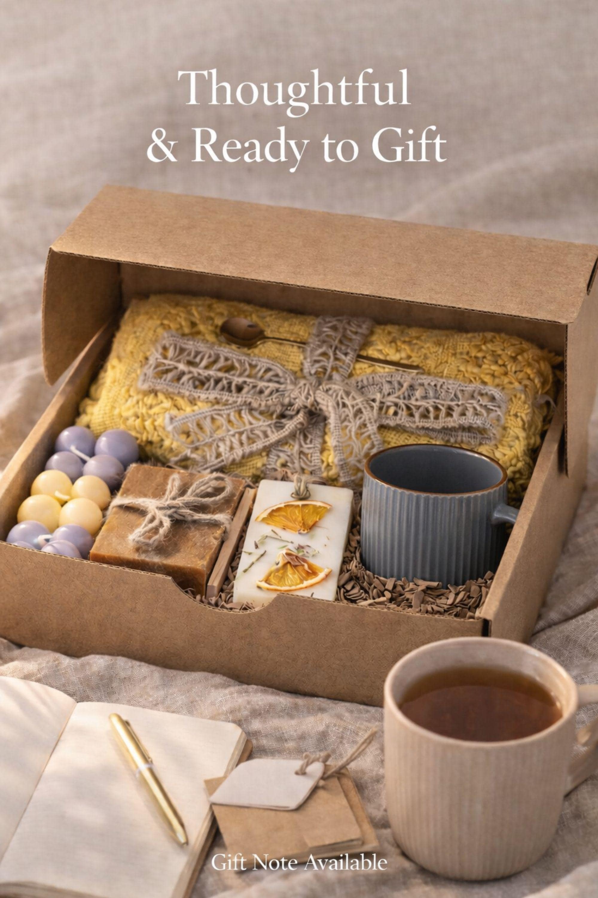 Self Love Reset gift box for women displayed on warm neutral linen background with soft window light, featuring yellow knit blanket, handmade natural soap, pastel bubble candles, citrus wax tablet with dried orange slices, ceramic mug and wooden soap dish. Emotional healing care package for new beginnings, self care gift for her, breakup recovery support box, thoughtful reset present.
