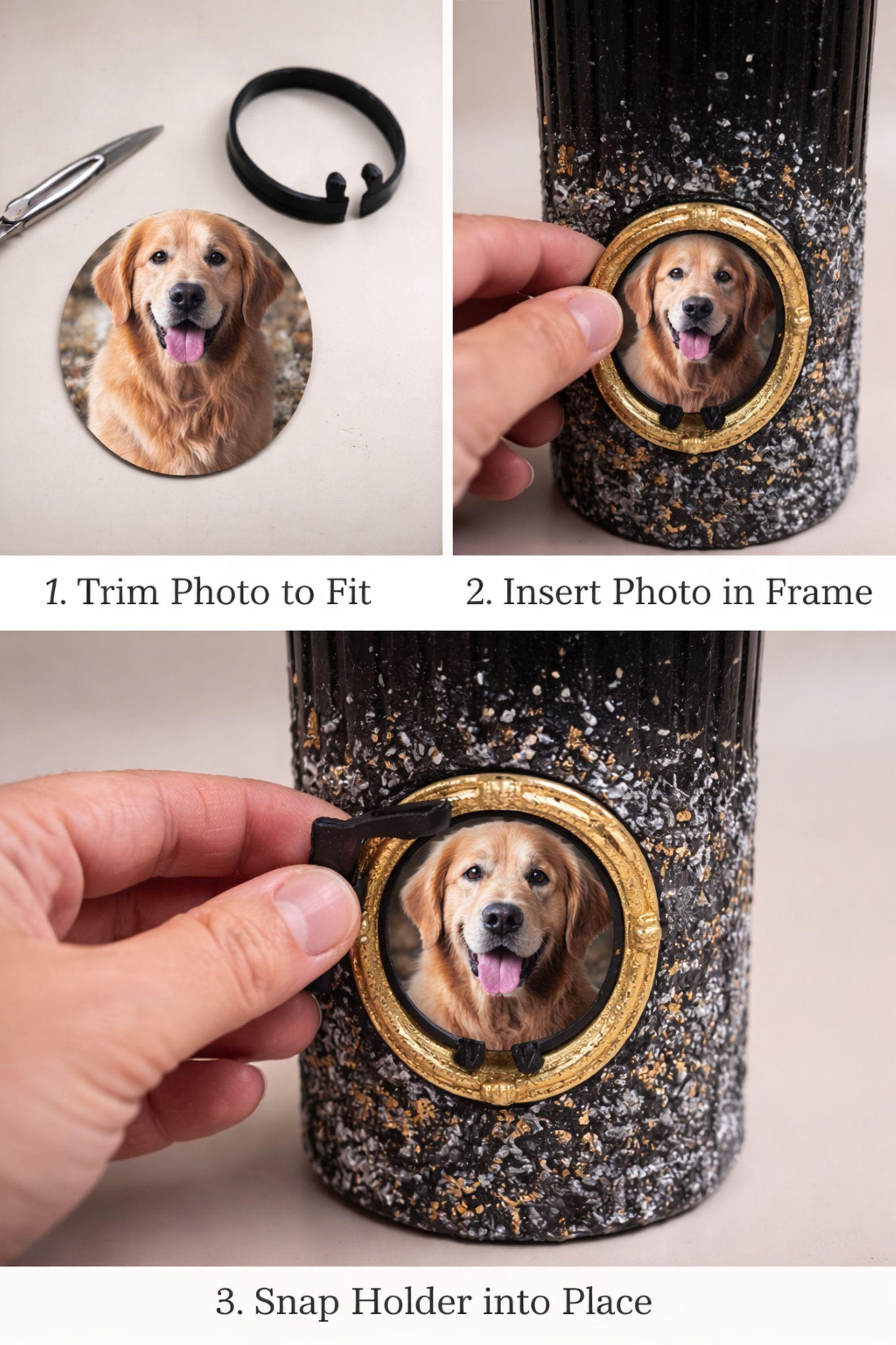 Personalized pet memorial candle with dog photo inside a gold oval frame. Black textured candle with stone finish designed as a pet loss sympathy gift and remembrance keepsake honoring a beloved dog or pet.