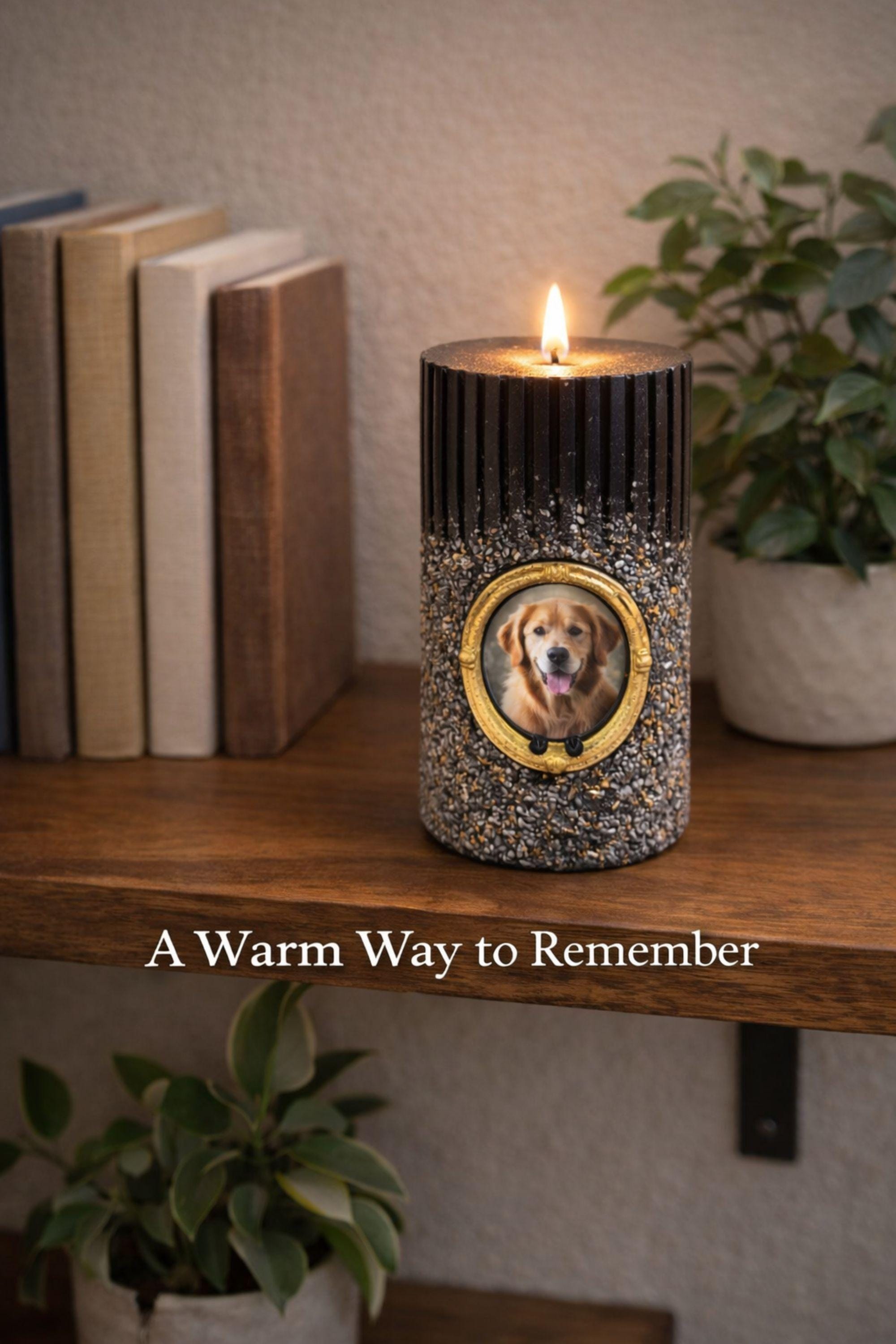 Personalized pet memorial candle with dog photo inside a gold oval frame. Black textured candle with stone finish designed as a pet loss sympathy gift and remembrance keepsake honoring a beloved dog or pet.