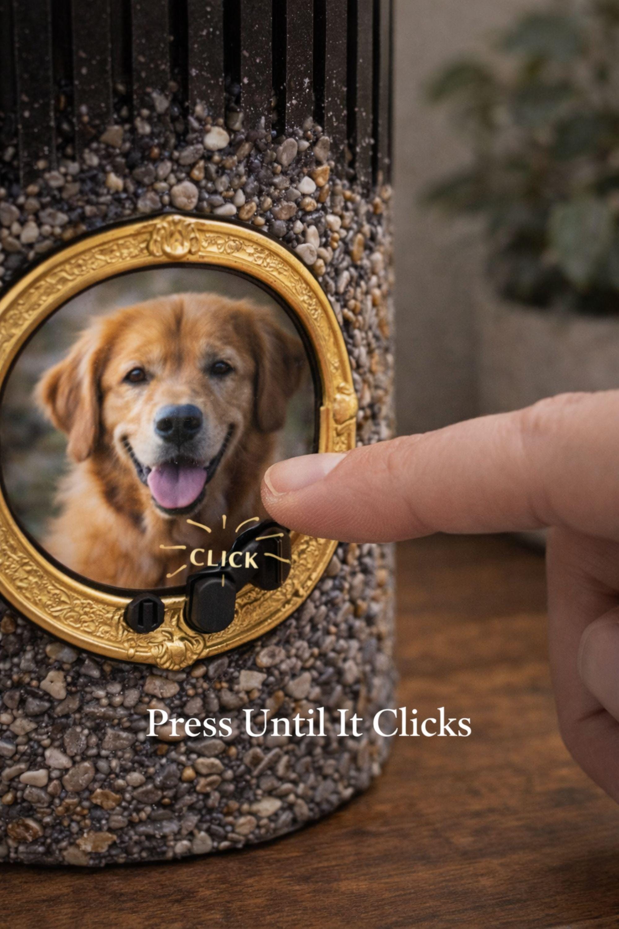 Personalized pet memorial candle with dog photo inside a gold oval frame. Black textured candle with stone finish designed as a pet loss sympathy gift and remembrance keepsake honoring a beloved dog or pet.