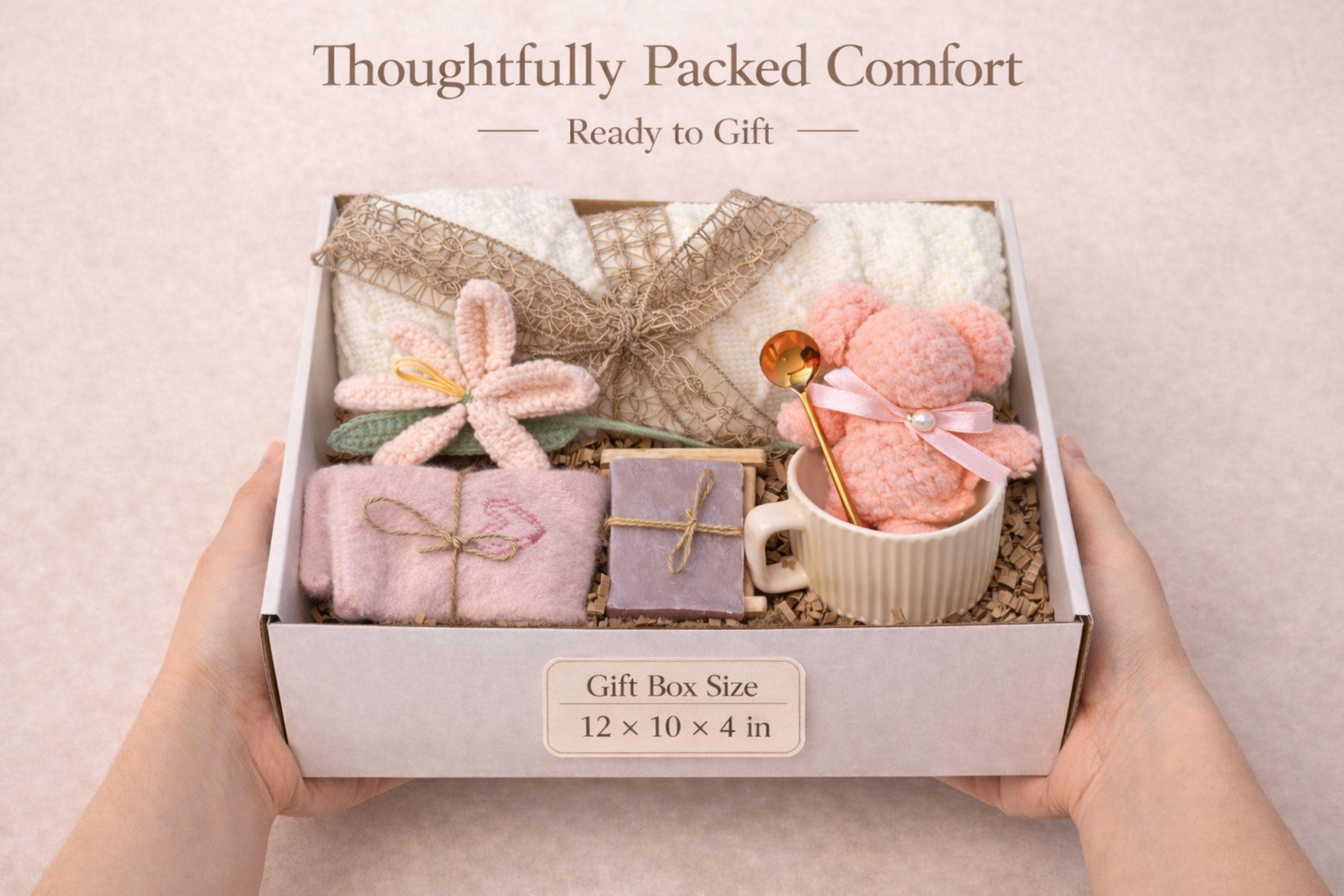 Get well soon gift box care package with cozy blanket, pink plush teddy in ceramic mug with gold spoon, handmade soap on wooden holder, soft socks and crochet flower. Thoughtful recovery gift basket for her designed to bring comfort and encouragement during healing, surgery recovery, illness or difficult days. Perfect thinking of you gift and comforting self care gift set for women.