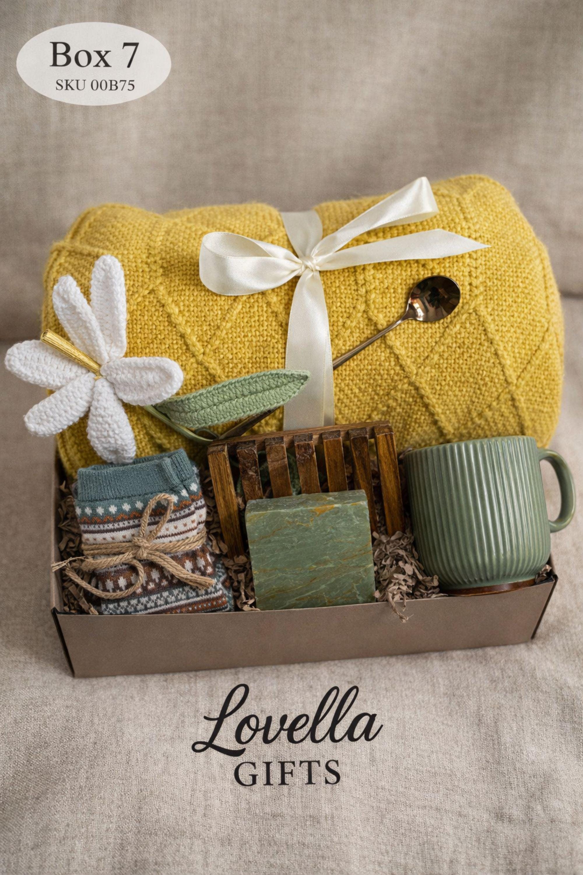 Get well soon gift box for her featuring cozy blanket, handmade soap, ceramic mug and spoon, comfort care package designed to help her feel better, thoughtful recovery gift for illness, cozy self care gift box for women, relaxing wellness gift, support gift for friend or coworker, thinking of you gift, ready to gift comfort package for rest, warmth and emotional care