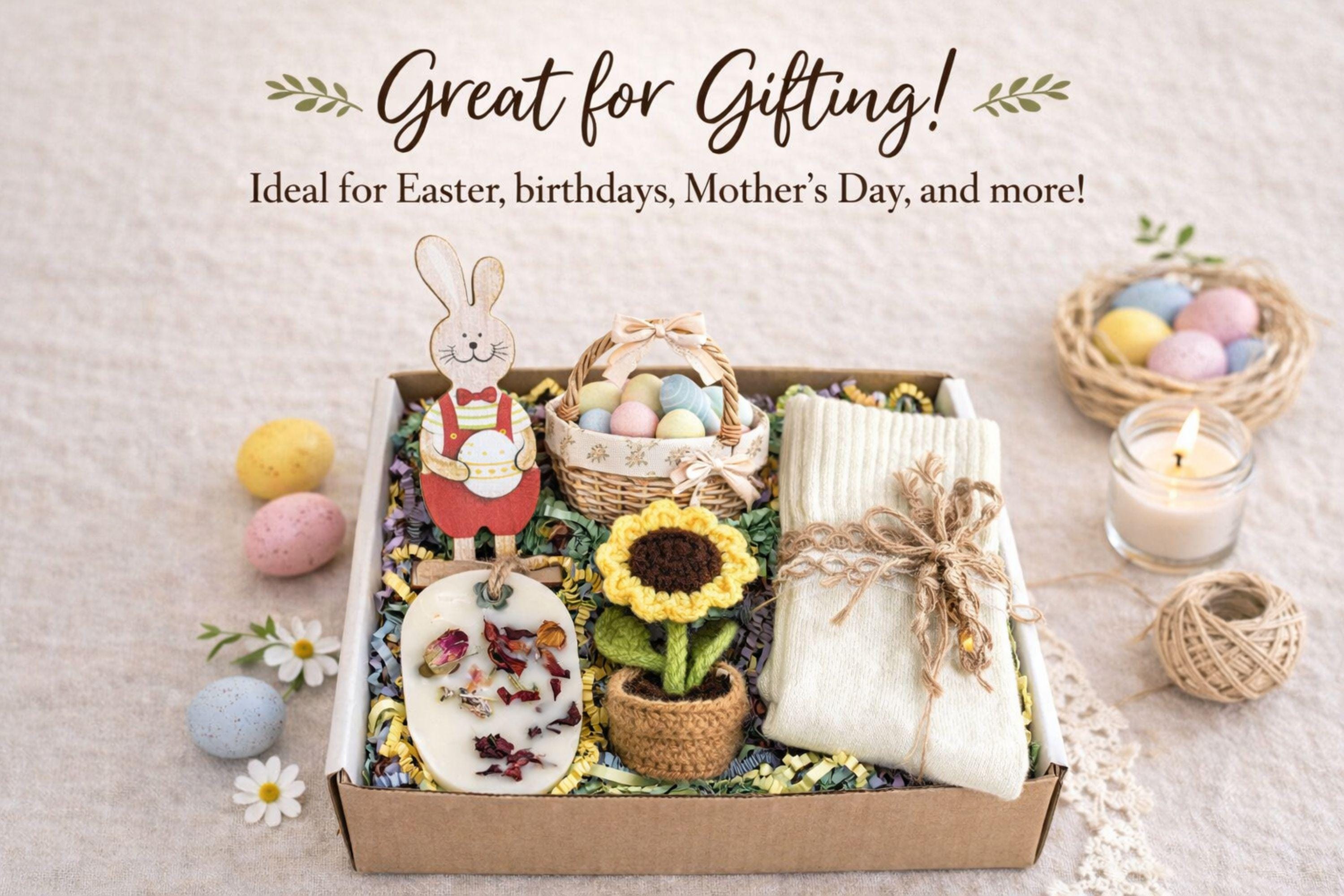 small easter gift box with wooden bunny decoration, crochet sunflower in pot, handmade botanical wax sachet, mini easter basket with eggs, soft neutral cloth wrapped with twine, colorful paper filler, spring themed gift box for women, ready to gift easter care package, cozy handmade spring gift set, pastel aesthetic small gift box