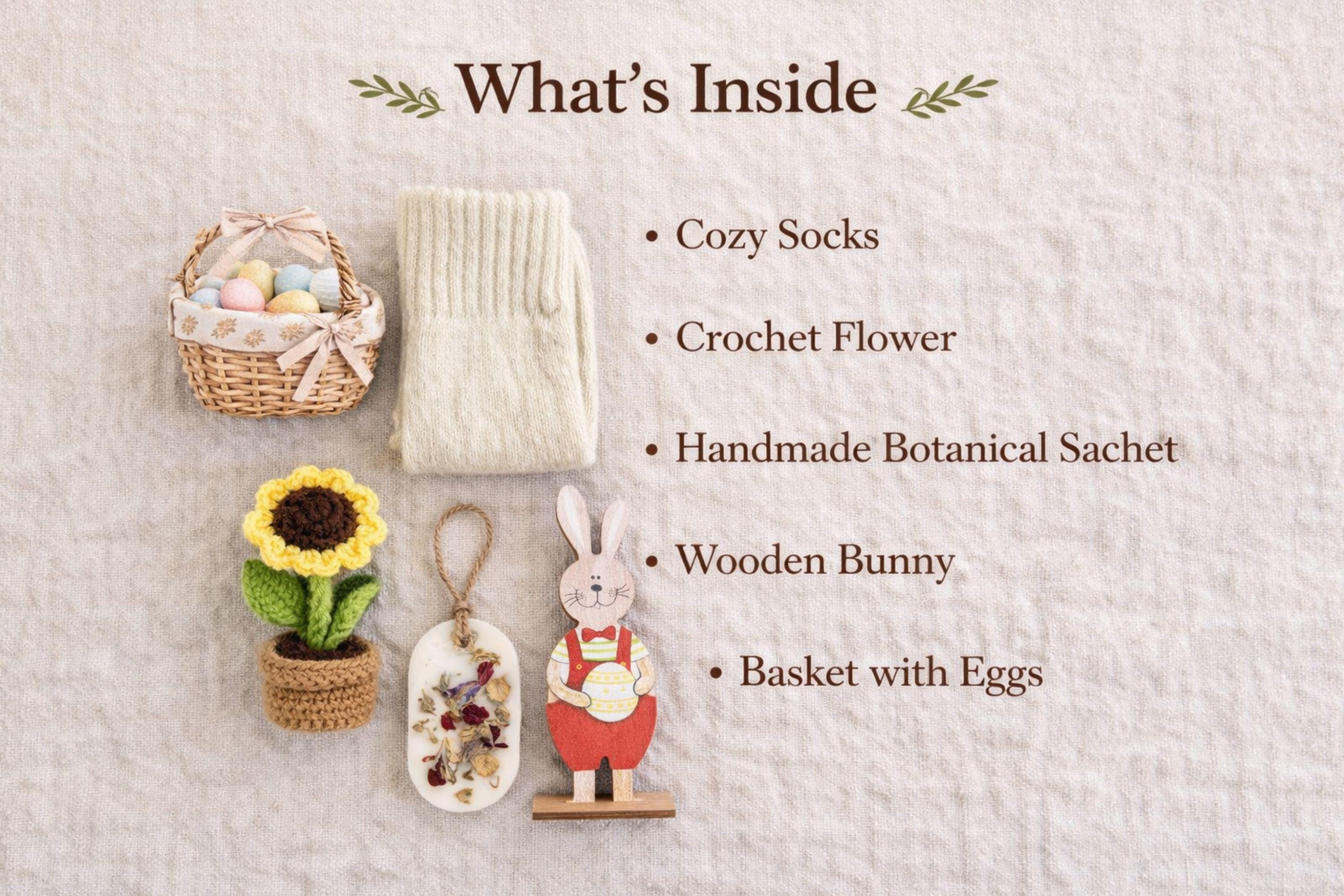 small easter gift box with wooden bunny decoration, crochet sunflower in pot, handmade botanical wax sachet, mini easter basket with eggs, soft neutral cloth wrapped with twine, colorful paper filler, spring themed gift box for women, ready to gift easter care package, cozy handmade spring gift set, pastel aesthetic small gift box
