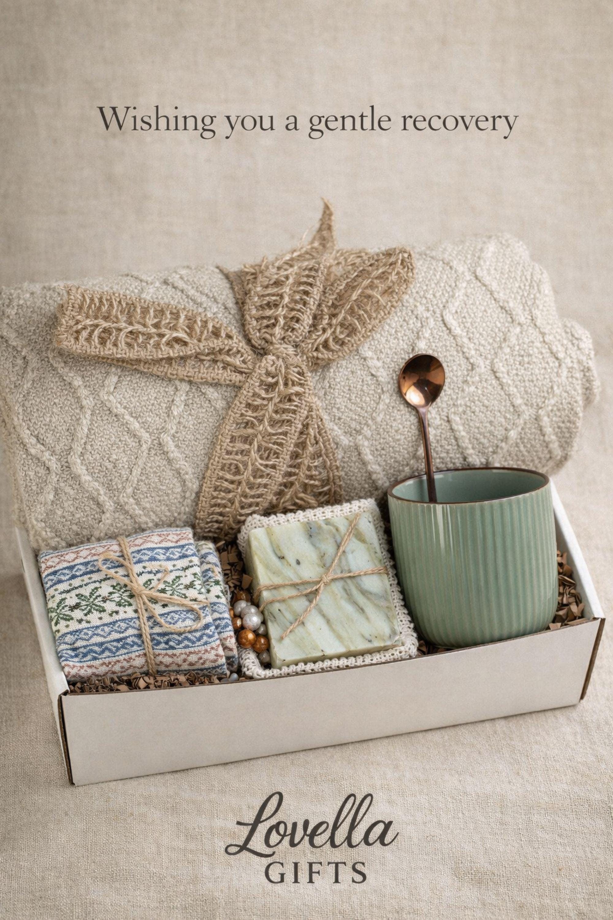 Get well soon gift box for her featuring cozy blanket, handmade soap, ceramic mug and spoon, comfort care package designed to help her feel better, thoughtful recovery gift for illness, cozy self care gift box for women, relaxing wellness gift, support gift for friend or coworker, thinking of you gift, ready to gift comfort package for rest, warmth and emotional care