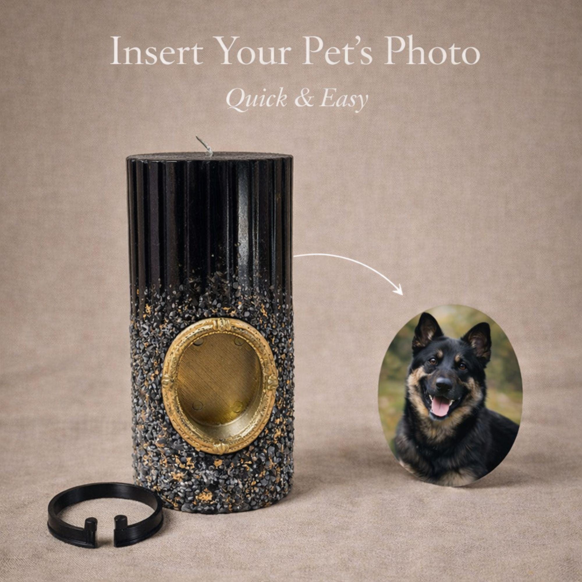 Inserting pet photo into oval candle frame, step showing how personalized dog memorial candle works, custom pet remembrance candle where photo slides into frame on the candle.