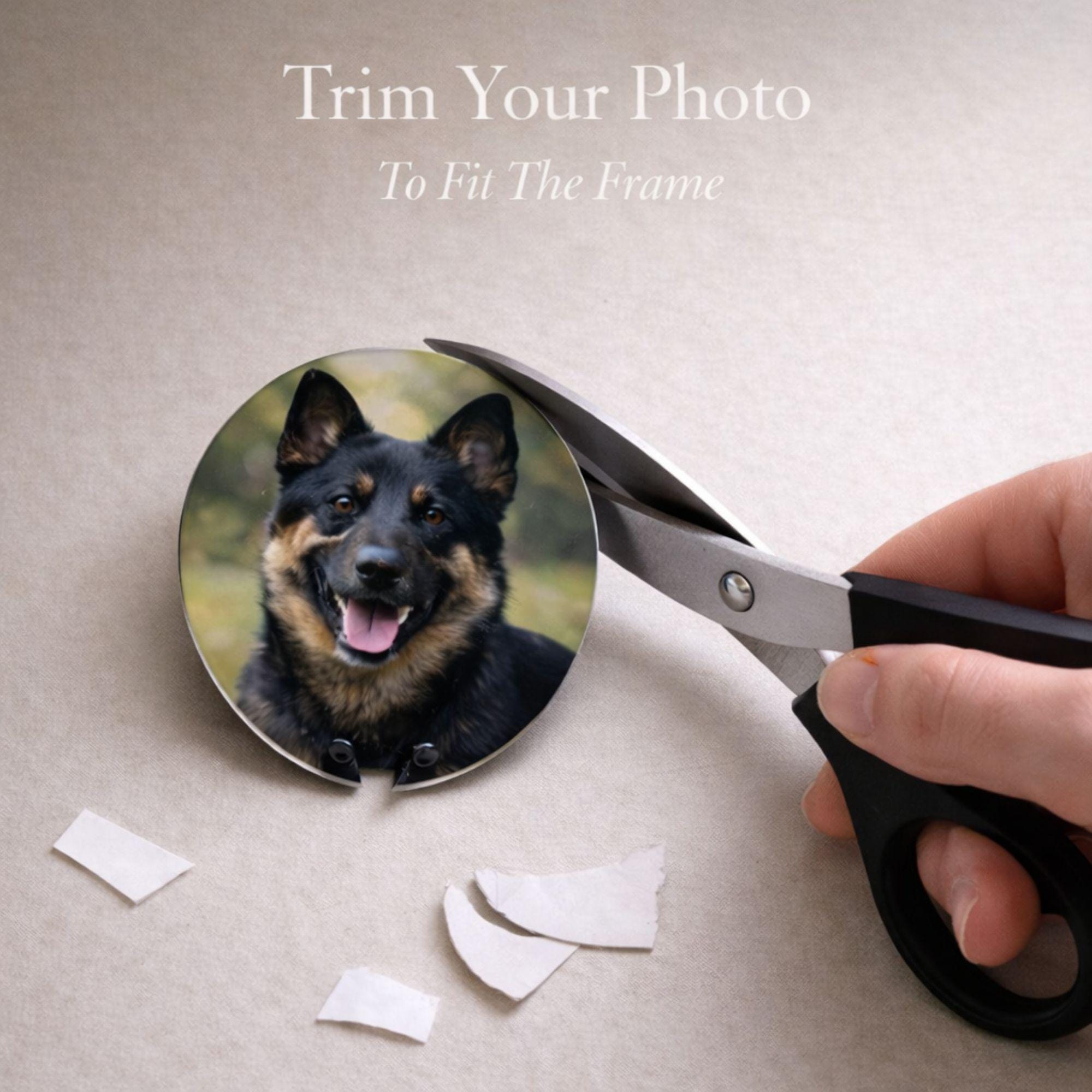Cutting a printed pet photo into circular shape for memorial candle frame, scissors trimming dog photo for personalized pet memorial candle, easy photo preparation step for custom pet loss remembrance gift.