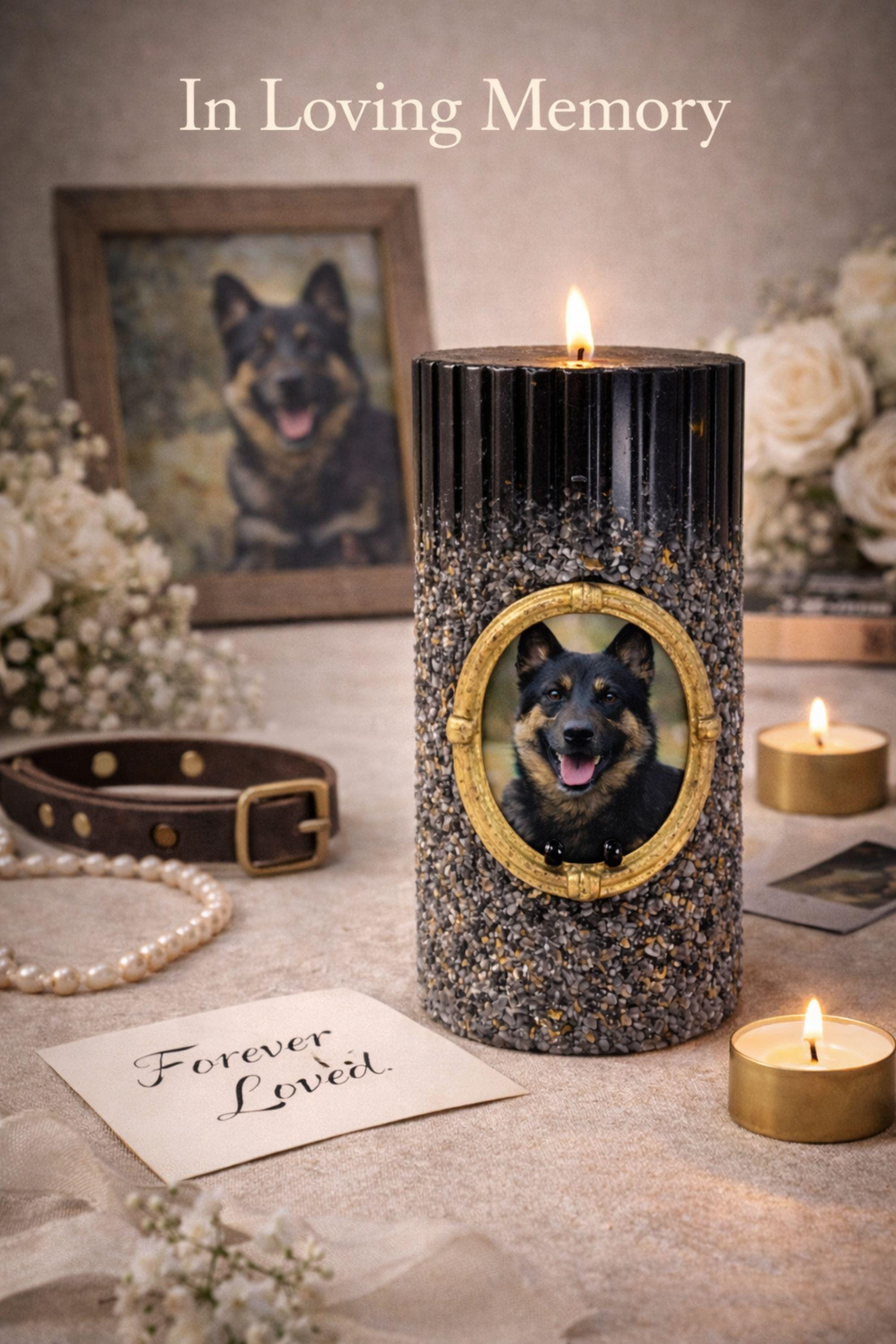 Pet memorial candle with vintage gold photo frame, black textured candle with gold flecks designed to hold a cherished photo of a beloved pet. Thoughtful dog loss gift or cat memorial candle that creates a meaningful remembrance keepsake. Elegant sympathy gift for pet loss featuring a photo insert frame for displaying a treasured memory of a dog or cat.
