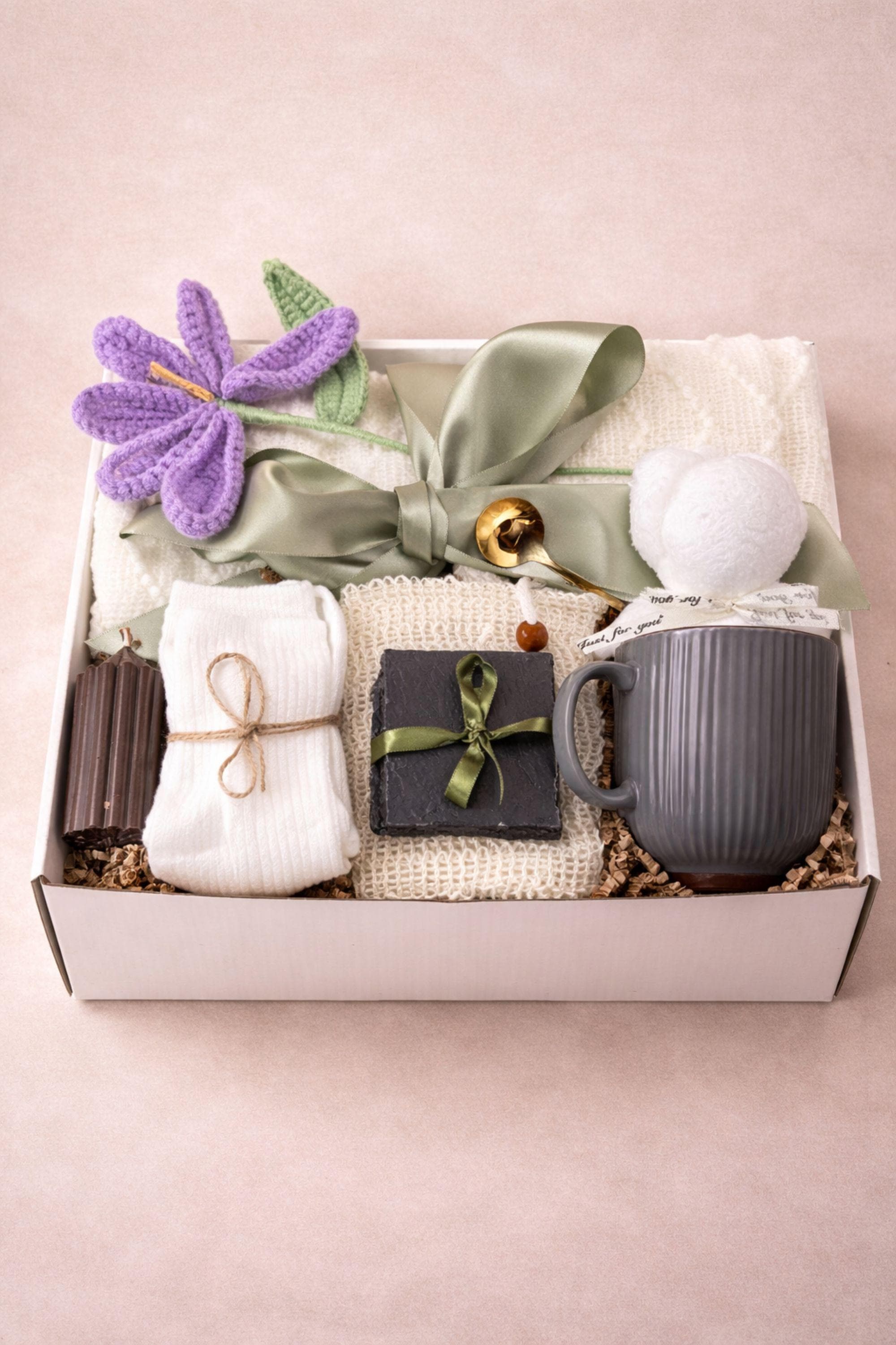 thinking of you gift box for women cozy comfort care package with blanket mug candle soap socks crochet flower emotional support gift basket ready to gift neutral aesthetic self care gift box for her comfort basket thoughtful gift cozy gift box