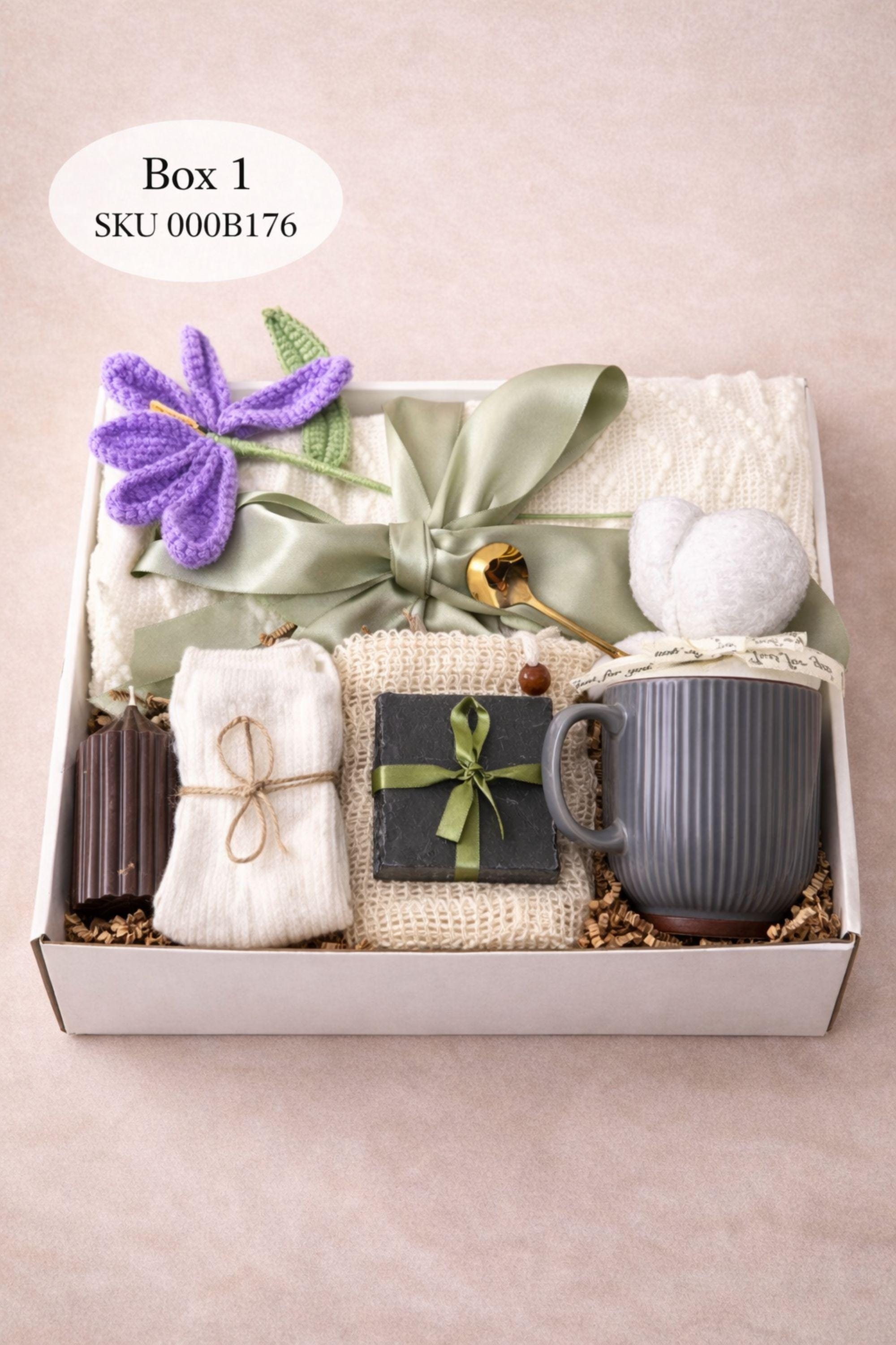 thinking of you gift box for women cozy comfort care package with blanket mug candle soap socks crochet flower emotional support gift basket ready to gift neutral aesthetic self care gift box for her comfort basket thoughtful gift cozy gift box