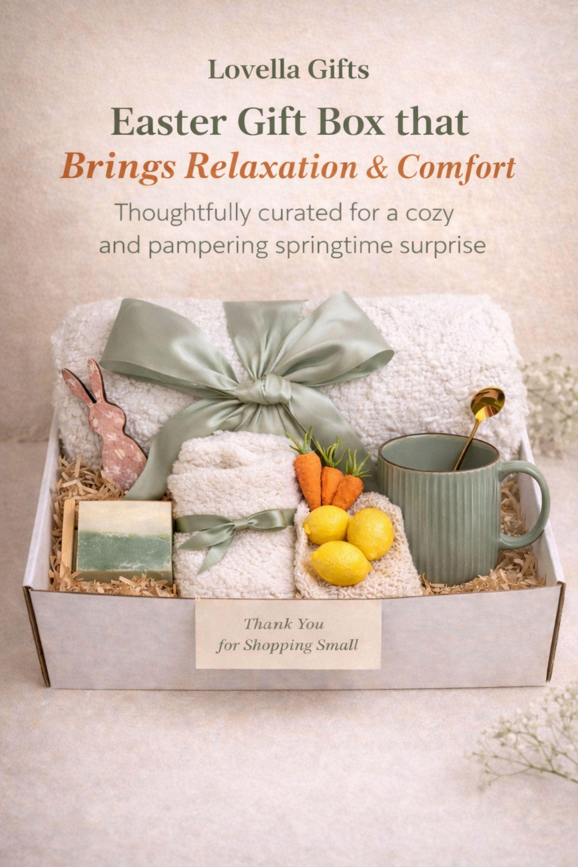 Easter gift box for women featuring a cozy knit blanket tied with green ribbon, ceramic mug with spoon, handmade artisan soap, soft socks, two lemon shaped soaps, decorative spring carrots and bunny accent arranged inside a gift box. Spring self care gift basket and Easter care package alternative to traditional Easter baskets, perfect Easter present for mom, sister, friend or women who enjoy cozy comfort gifts.