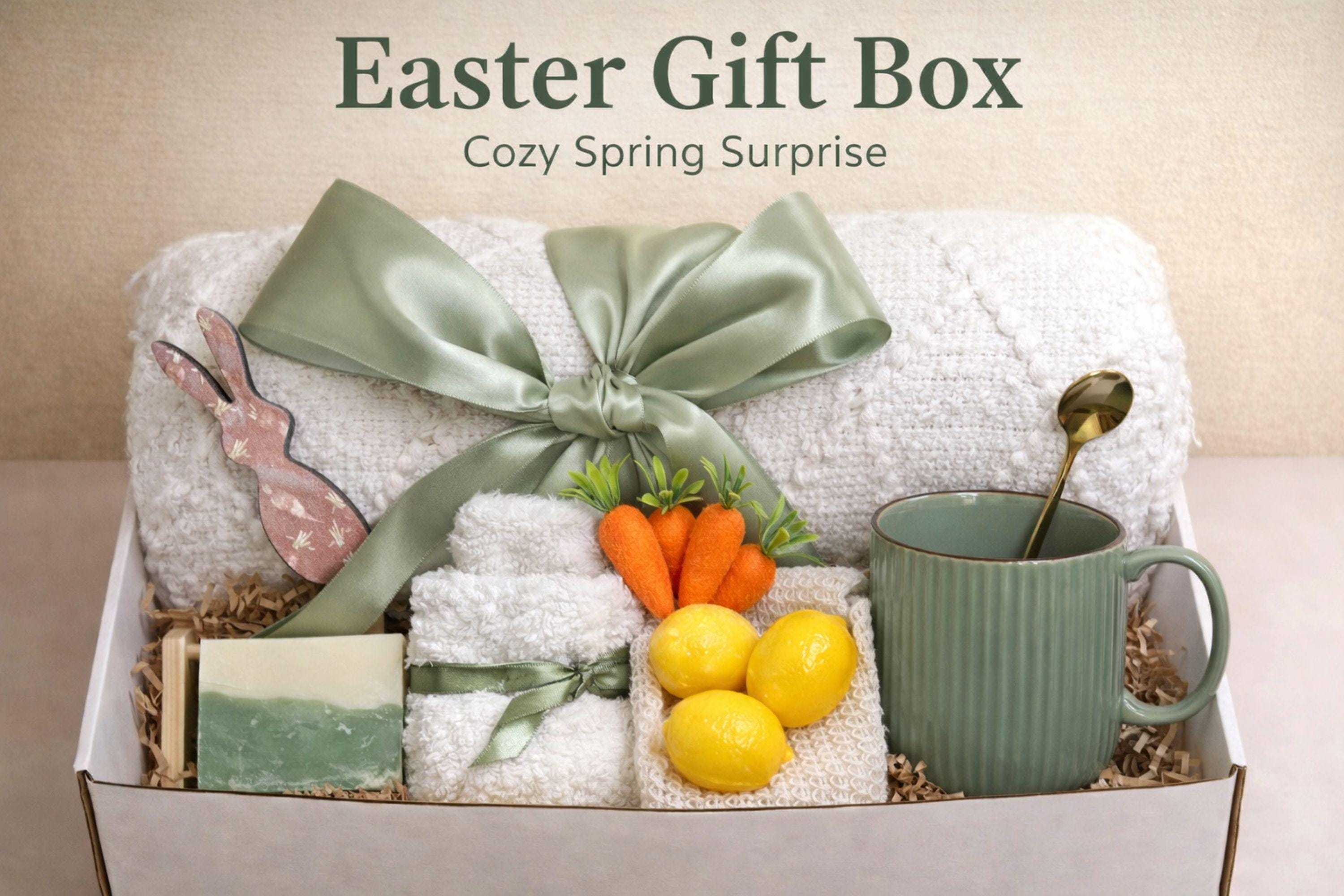 Easter gift box for women featuring a cozy knit blanket tied with green ribbon, ceramic mug with spoon, handmade artisan soap, soft socks, two lemon shaped soaps, decorative spring carrots and bunny accent arranged inside a gift box. Spring self care gift basket and Easter care package alternative to traditional Easter baskets, perfect Easter present for mom, sister, friend or women who enjoy cozy comfort gifts.