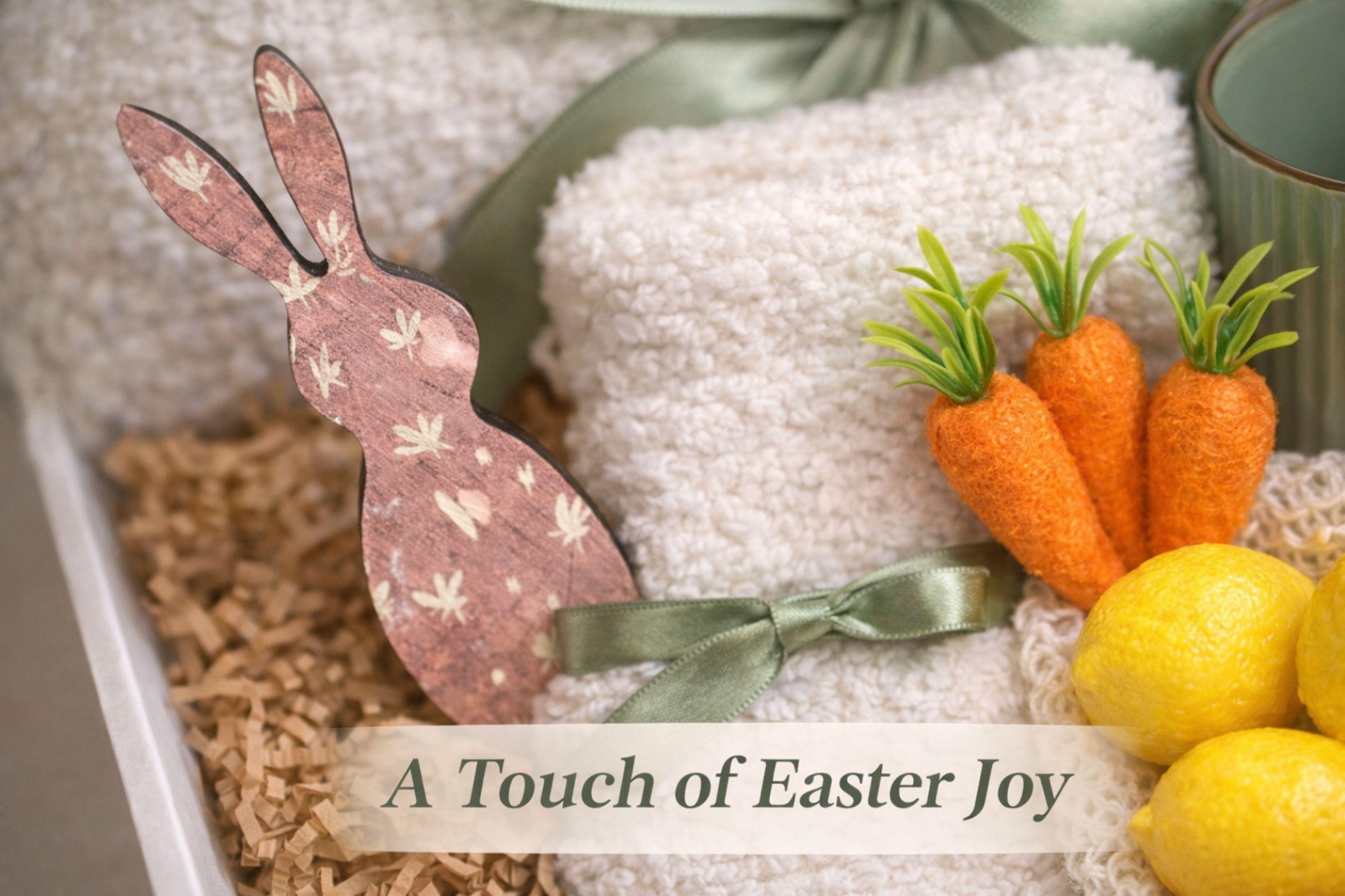 Easter gift box for women featuring a cozy knit blanket tied with green ribbon, ceramic mug with spoon, handmade artisan soap, soft socks, two lemon shaped soaps, decorative spring carrots and bunny accent arranged inside a gift box. Spring self care gift basket and Easter care package alternative to traditional Easter baskets, perfect Easter present for mom, sister, friend or women who enjoy cozy comfort gifts.