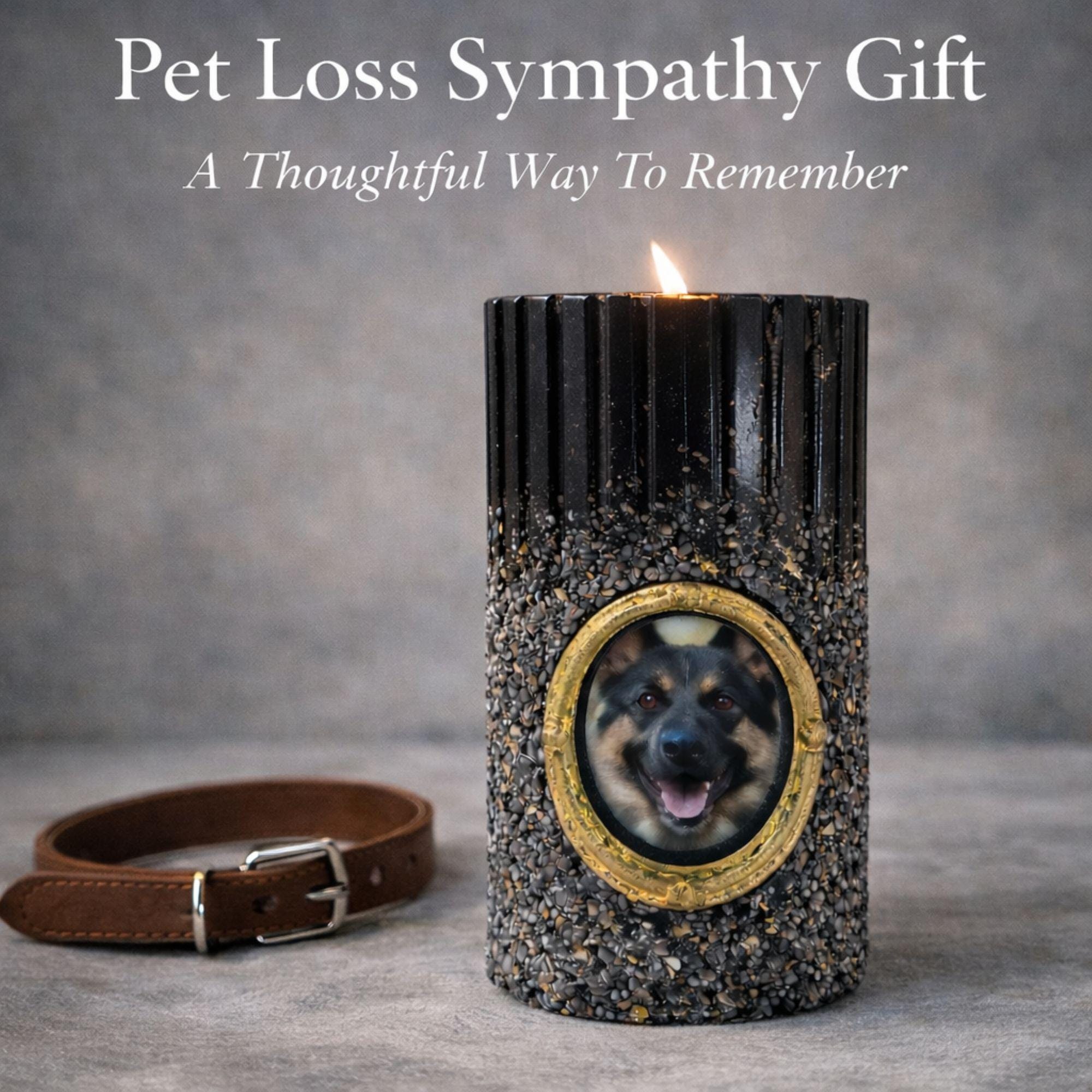 Personalized dog memorial candle with photo frame, pet loss sympathy gift featuring custom dog photo in gold oval frame, remembrance candle for loss of a dog, pet memory candle with textured black holder and lit candle flame, thoughtful pet memorial gift for grieving dog owners, dog remembrance keepsake, personalized pet loss candle, pet sympathy gift idea for loss of beloved dog companion.