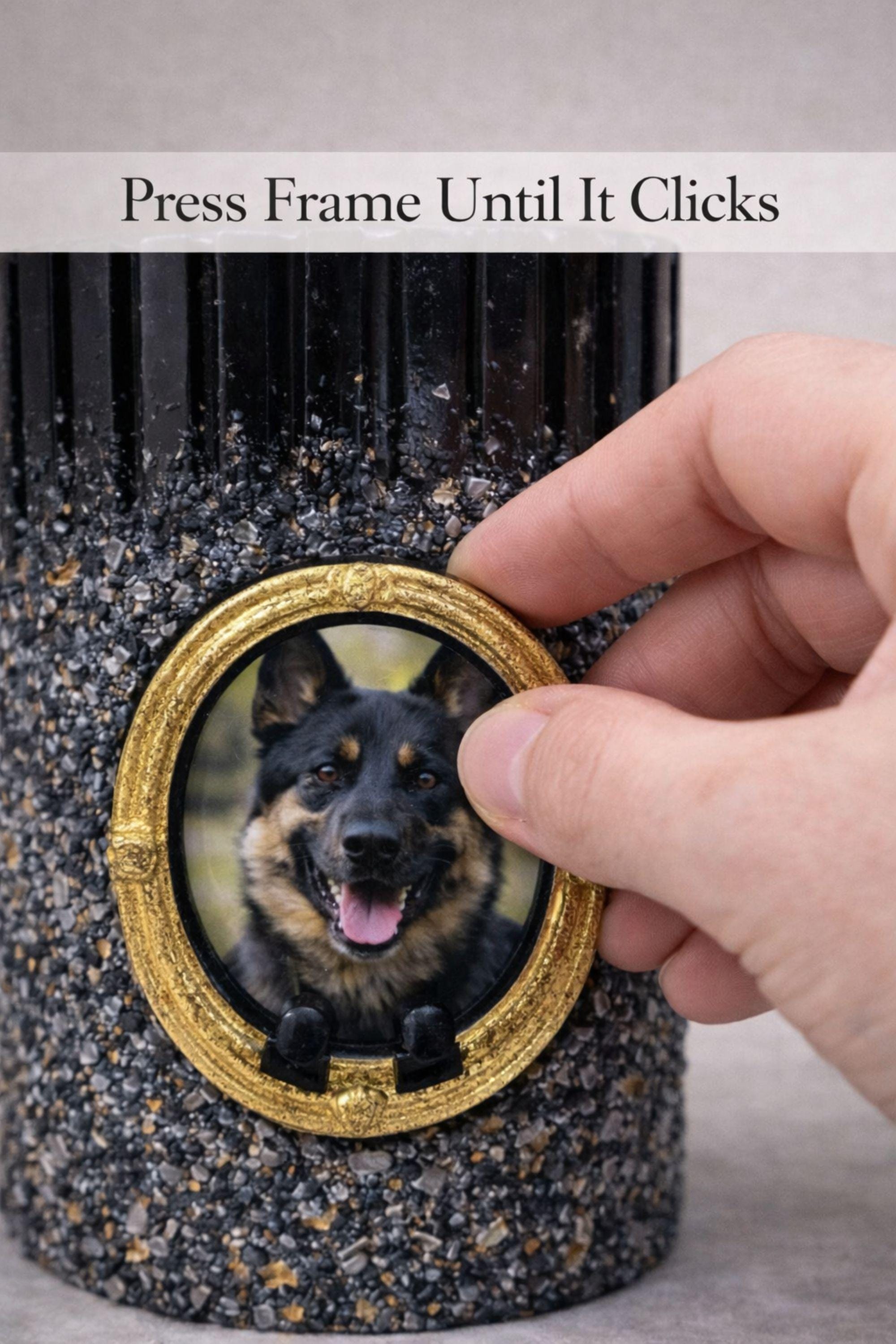 Personalized dog memorial candle with photo frame, pet loss sympathy gift featuring custom dog photo in gold oval frame, remembrance candle for loss of a dog, pet memory candle with textured black holder and lit candle flame, thoughtful pet memorial gift for grieving dog owners, dog remembrance keepsake, personalized pet loss candle, pet sympathy gift idea for loss of beloved dog companion.