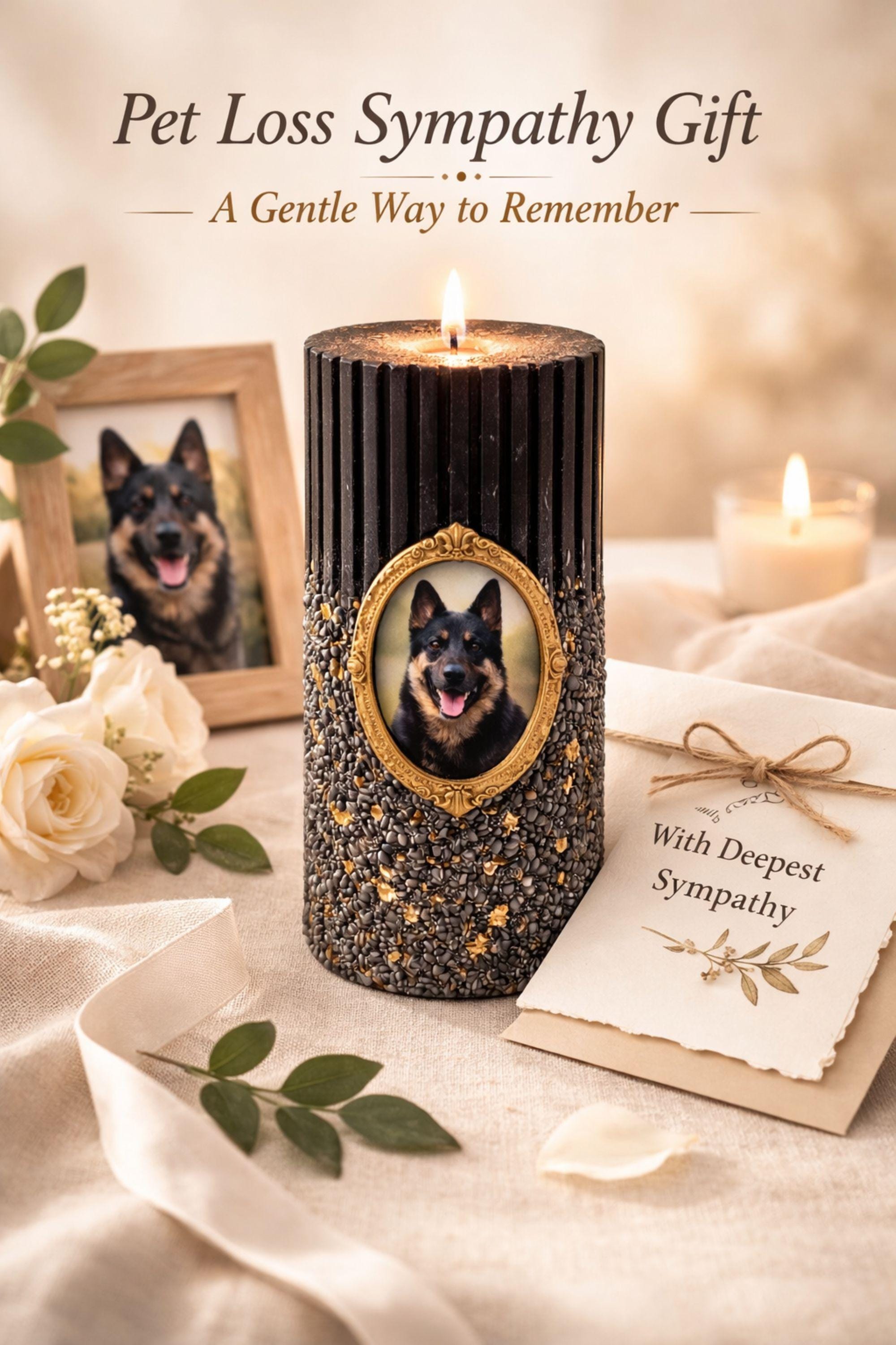 Pet memorial candle with personalized dog photo in a vintage gold frame, ribbed black candle with stone texture and gold accents, lit flame on neutral linen background, pet loss sympathy gift and dog remembrance candle honoring a beloved pet.