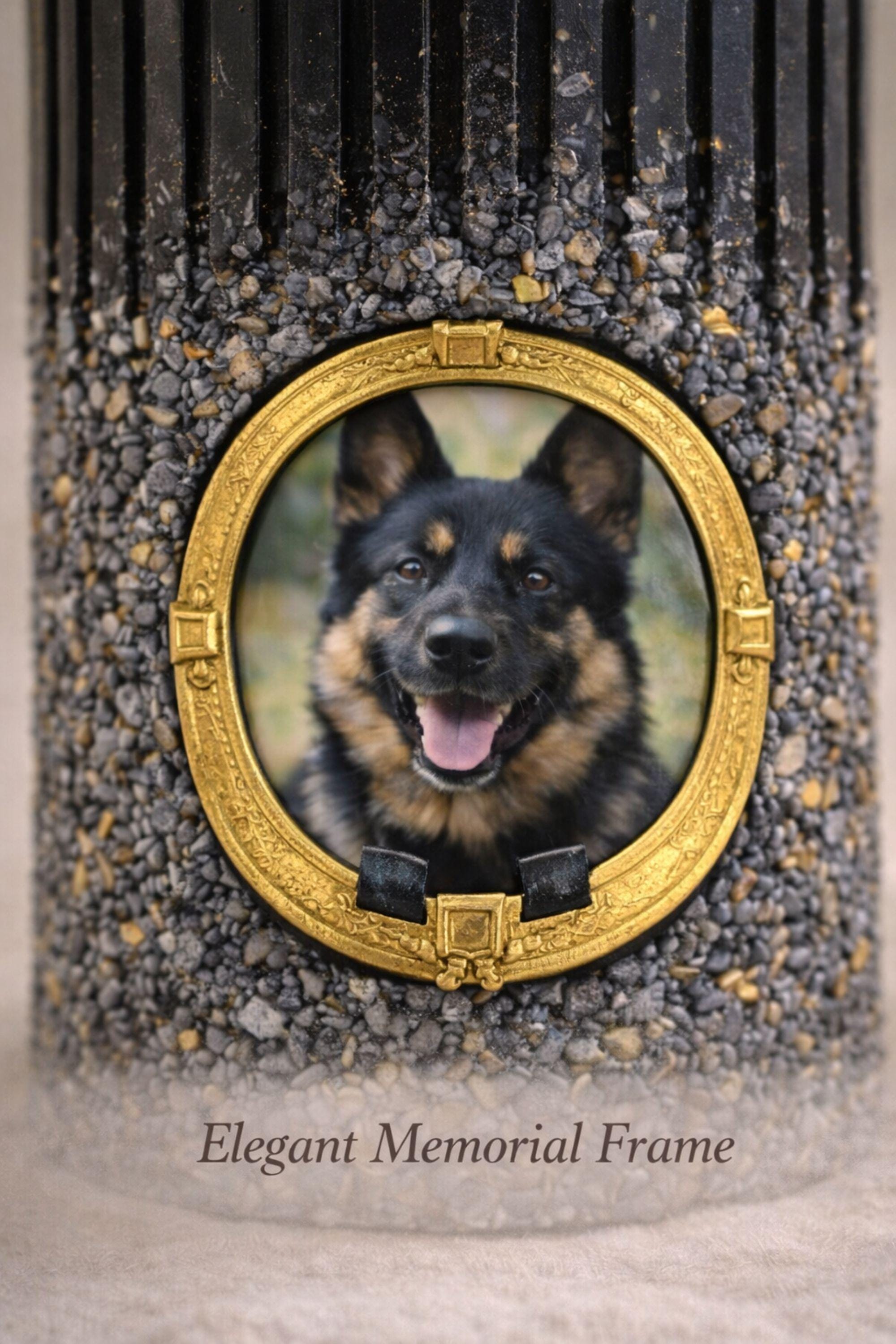 Close up of textured black memorial candle with ribbed upper design and stone-like base with gold accents, elegant handmade pet memorial candle designed as dog loss remembrance gift.
