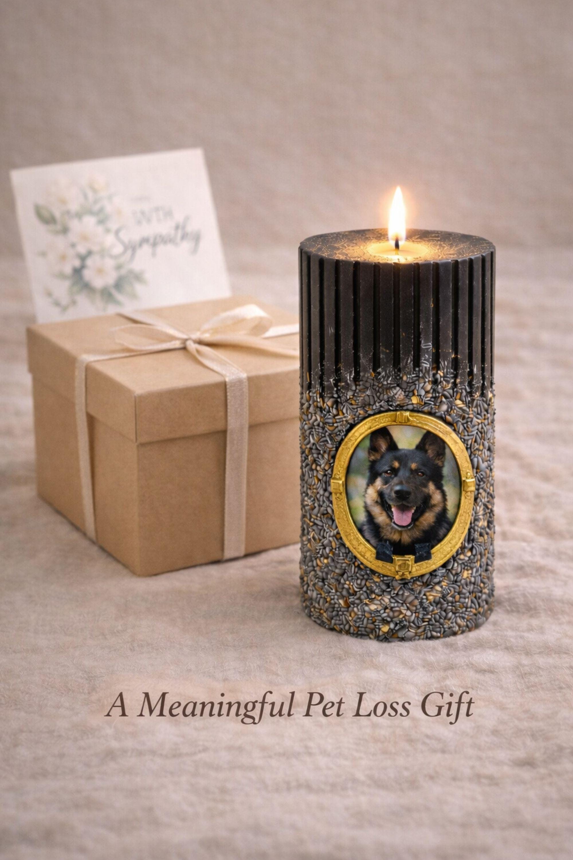 Minimal product photo of personalized pet memorial candle with gold frame and dog photo, elegant ribbed black remembrance candle created to honor a beloved dog or pet.