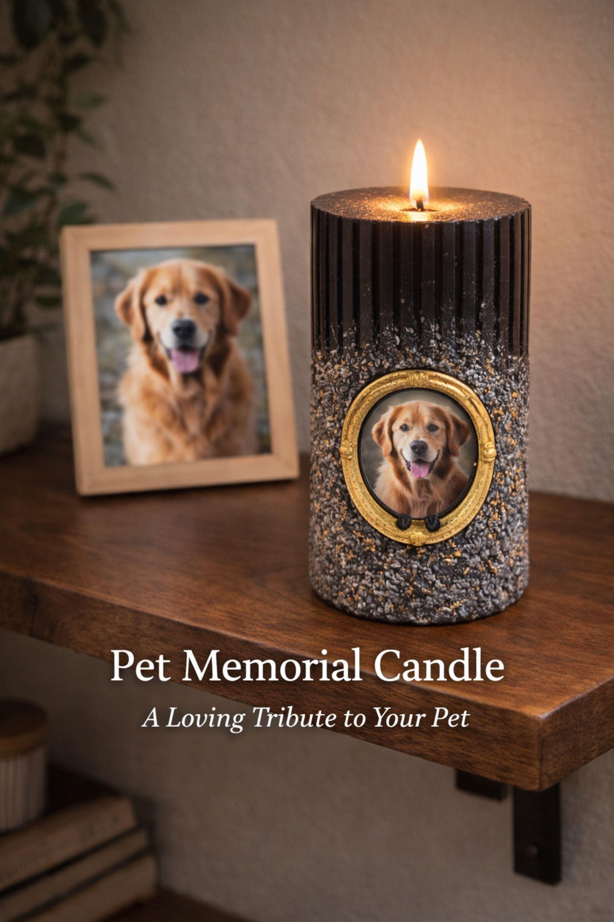 Personalized pet memorial candle with dog photo inside a gold oval frame. Black textured candle with stone finish designed as a pet loss sympathy gift and remembrance keepsake honoring a beloved dog or pet.