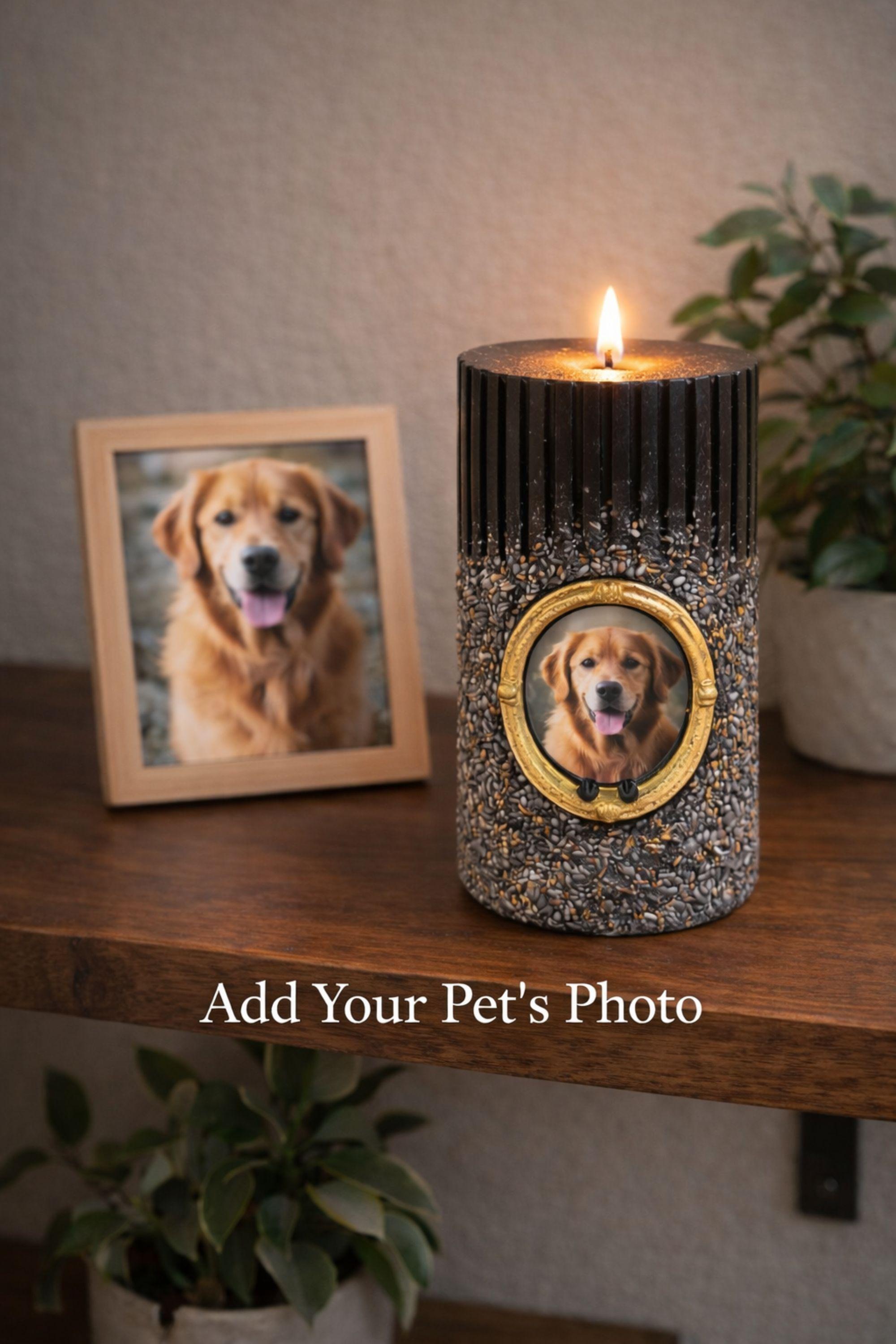 Personalized pet memorial candle with dog photo inside a gold oval frame. Black textured candle with stone finish designed as a pet loss sympathy gift and remembrance keepsake honoring a beloved dog or pet.