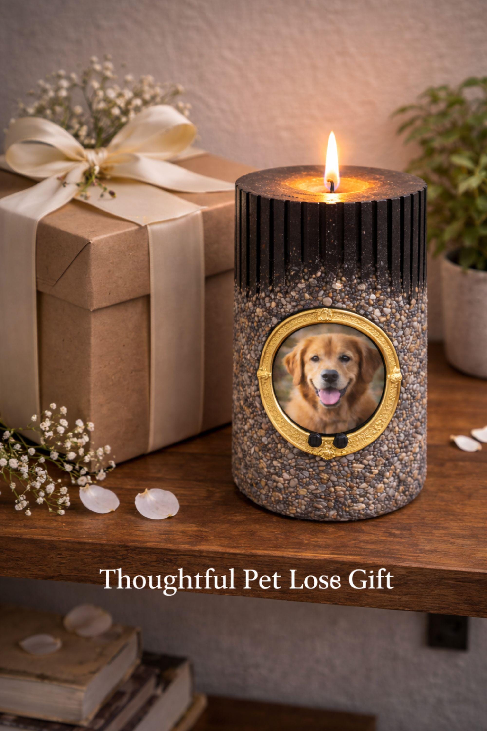 Personalized pet memorial candle with dog photo inside a gold oval frame. Black textured candle with stone finish designed as a pet loss sympathy gift and remembrance keepsake honoring a beloved dog or pet.