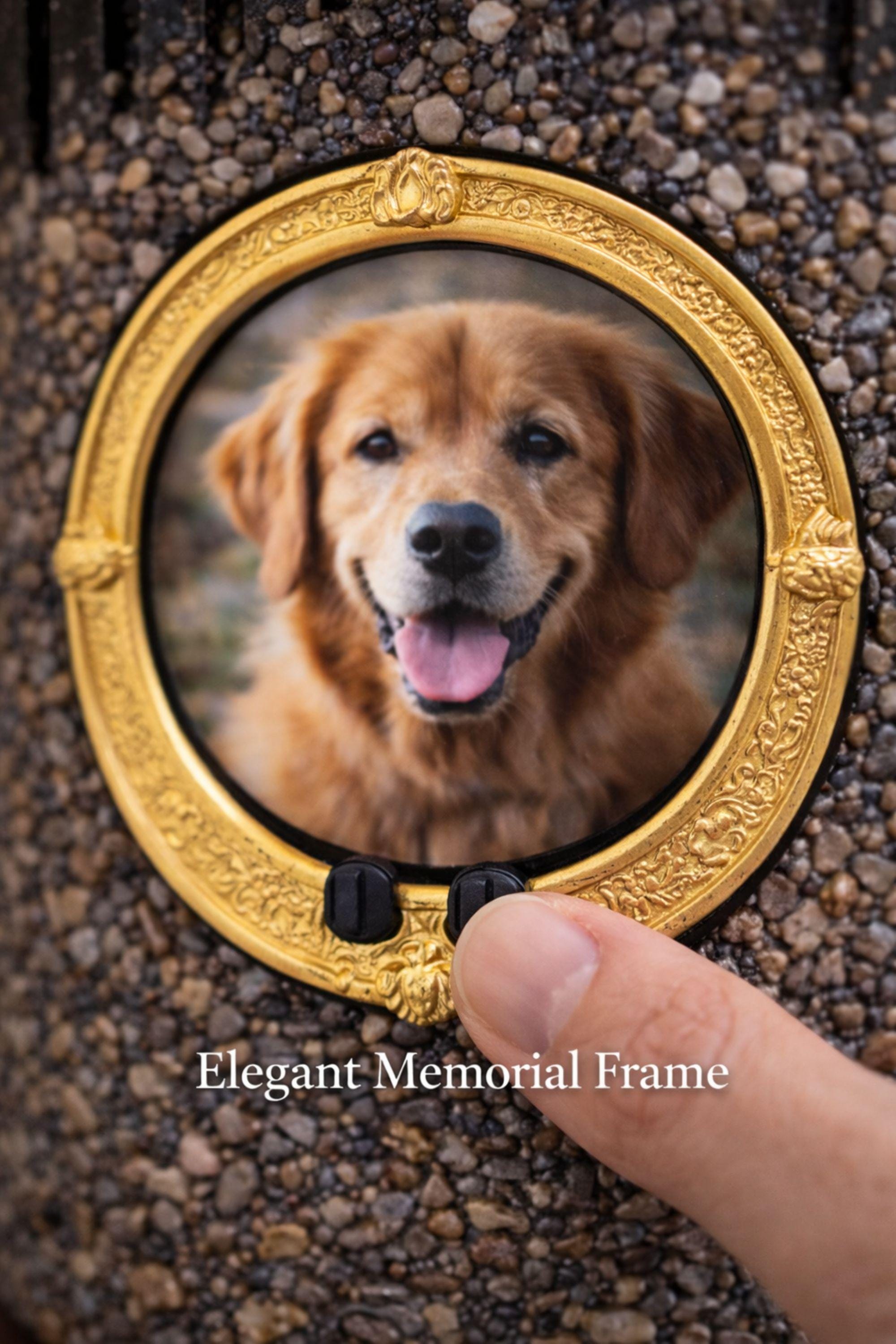 Personalized pet memorial candle with dog photo inside a gold oval frame. Black textured candle with stone finish designed as a pet loss sympathy gift and remembrance keepsake honoring a beloved dog or pet.