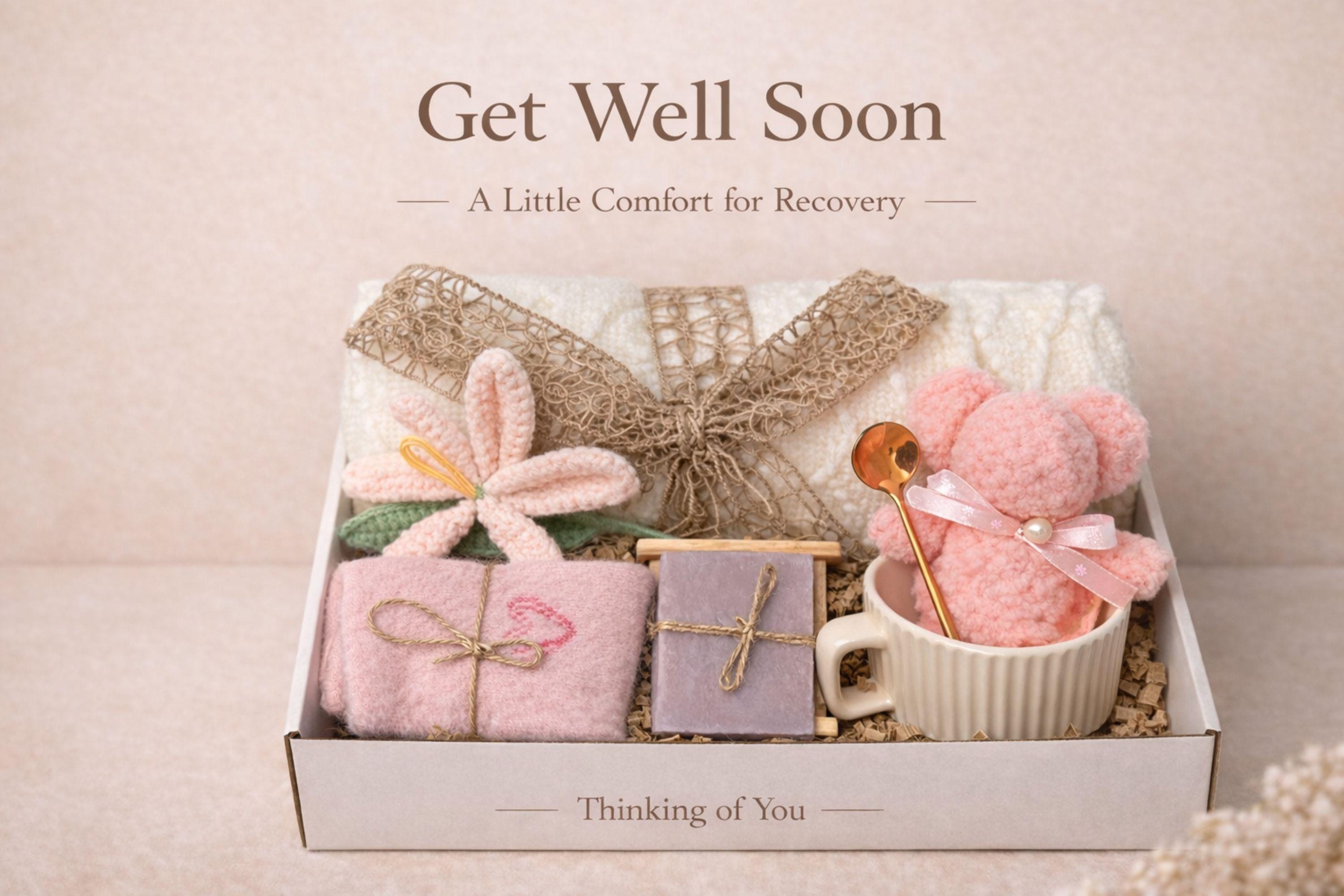 Get well soon gift box care package with cozy blanket, pink plush teddy in ceramic mug with gold spoon, handmade soap on wooden holder, soft socks and crochet flower. Thoughtful recovery gift basket for her designed to bring comfort and encouragement during healing, surgery recovery, illness or difficult days. Perfect thinking of you gift and comforting self care gift set for women.