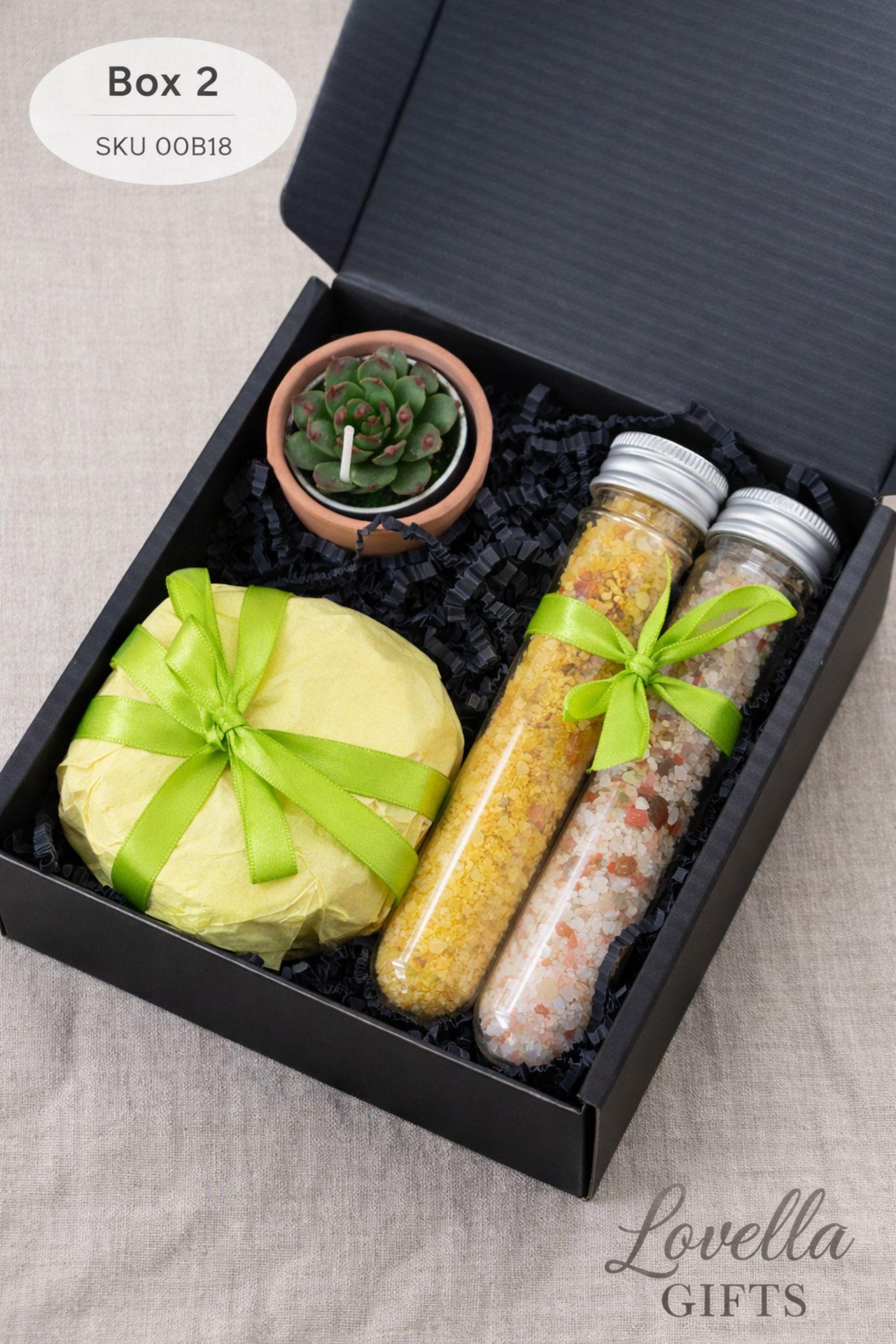 Small coworker appreciation gift box featuring succulent candle, handmade soap, bath salts, matches and dried flowers in black box with yellow ribbon, thoughtful thank you gift for coworker, friend or office team, compact 6x6 inch care package perfect for desk gift, employee appreciation, workplace gifting and meaningful everyday thank you presents
