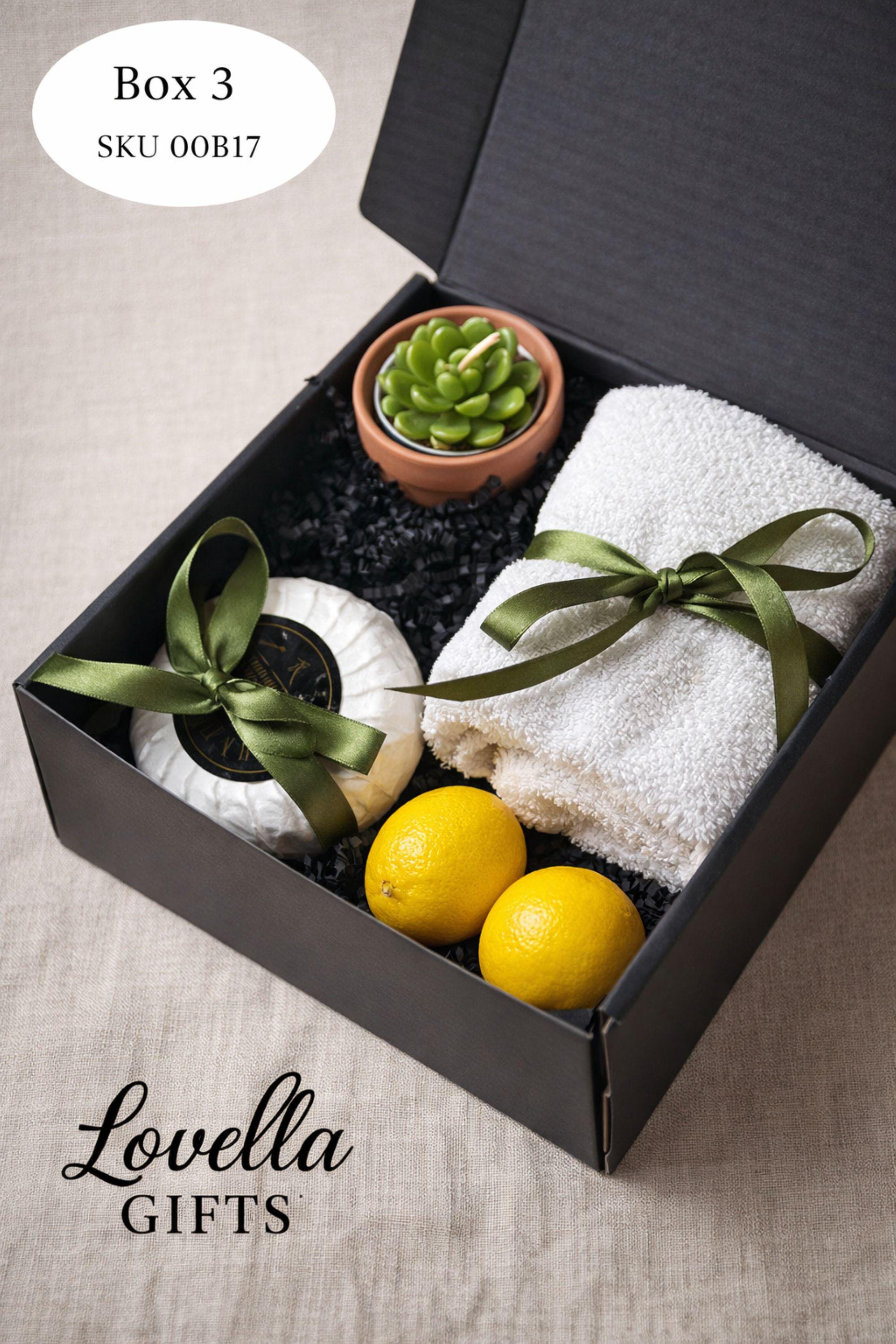 Small coworker appreciation gift box featuring succulent candle, handmade soap, bath salts, matches and dried flowers in black box with yellow ribbon, thoughtful thank you gift for coworker, friend or office team, compact 6x6 inch care package perfect for desk gift, employee appreciation, workplace gifting and meaningful everyday thank you presents