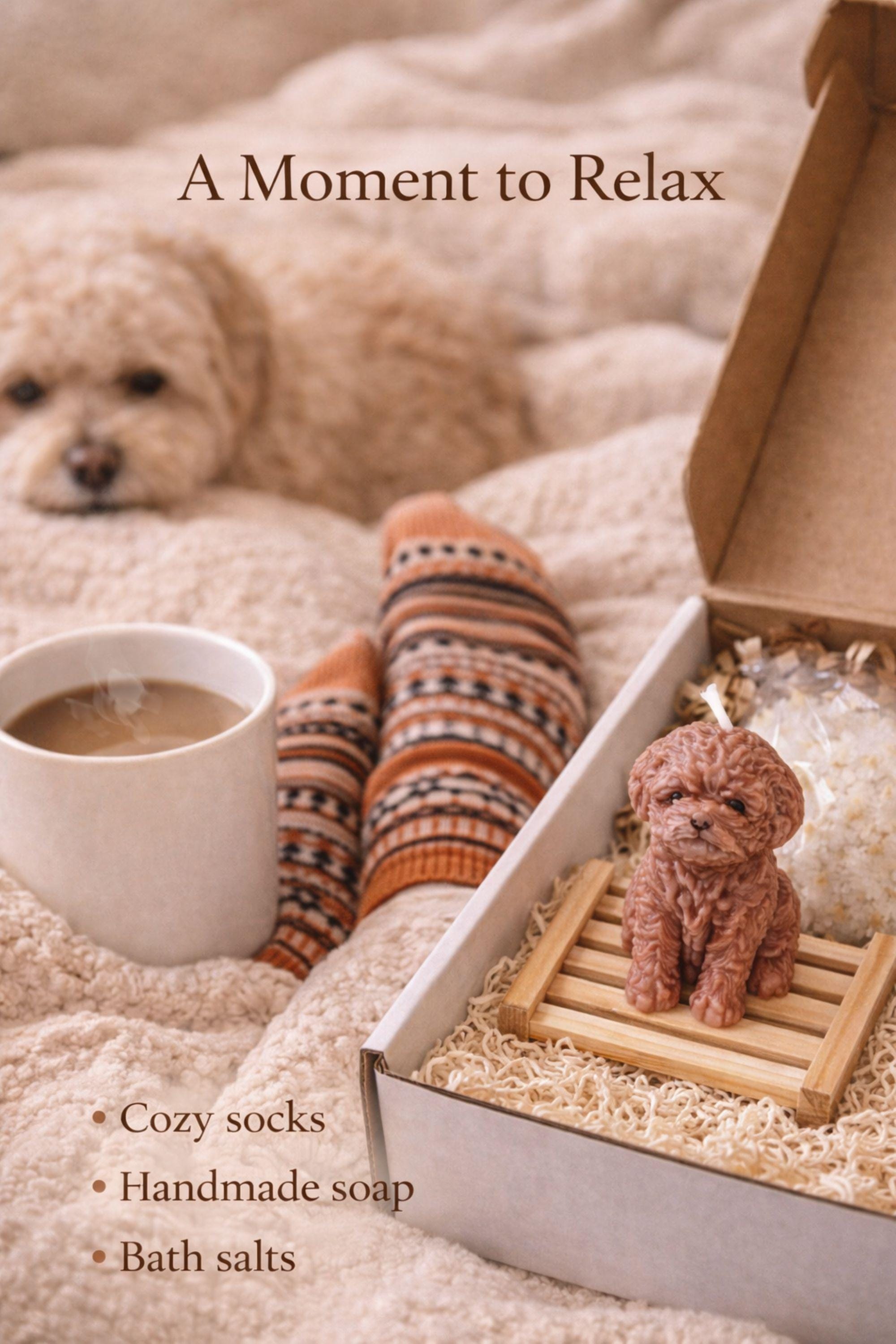 Dog lover gift box featuring cozy socks, handmade soap, bath salts and dog shaped candle, pet lover care package designed for relaxation and comfort, thoughtful gift for dog mom or dog dad, cozy self care box with soft textures and warm neutral aesthetic, perfect gift for dog owner, animal lover or friend, ready to gift packaging with curated items for comfort and relaxation
