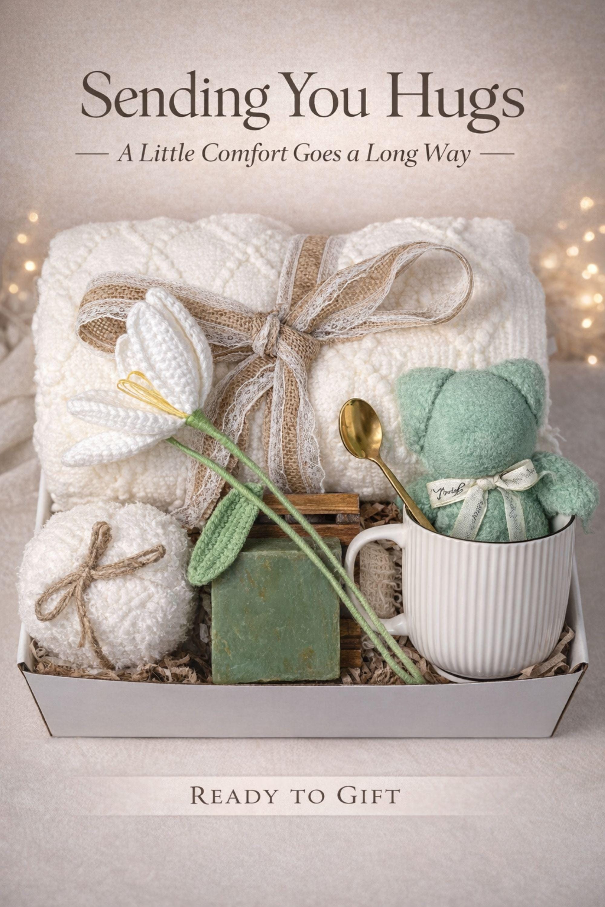 Sending hugs gift box for women featuring cozy blanket, mug, handmade soap and comfort items, designed as a sympathy care package to provide emotional support and warmth, neutral aesthetic ready to gift for grief, encouragement and thinking of you moments