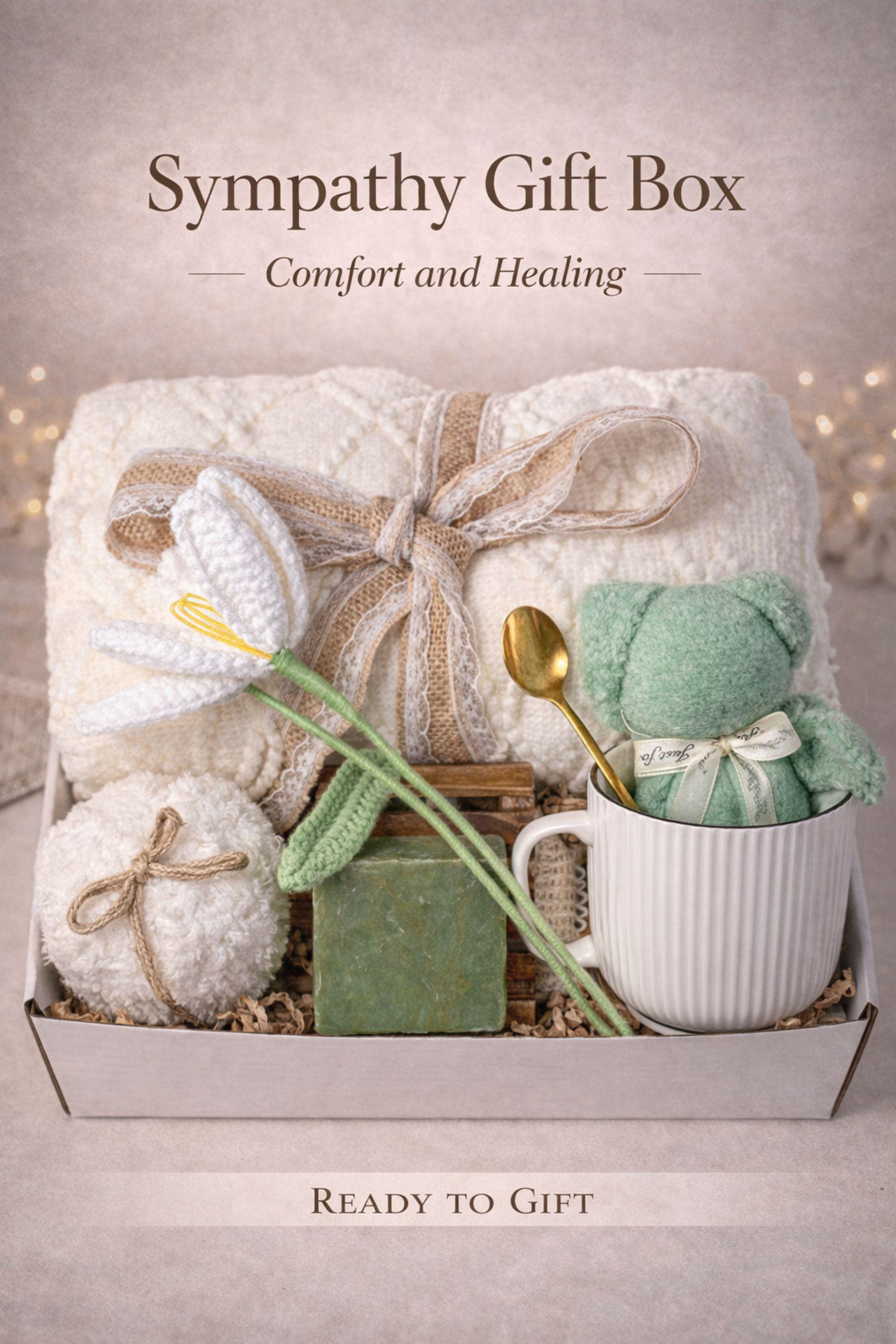 Sympathy gift box for women with cozy blanket, mug, handmade soap and self care items designed as a comfort care package for grief support, thoughtful condolence gift ready to ship with soft neutral aesthetic and calming presentation