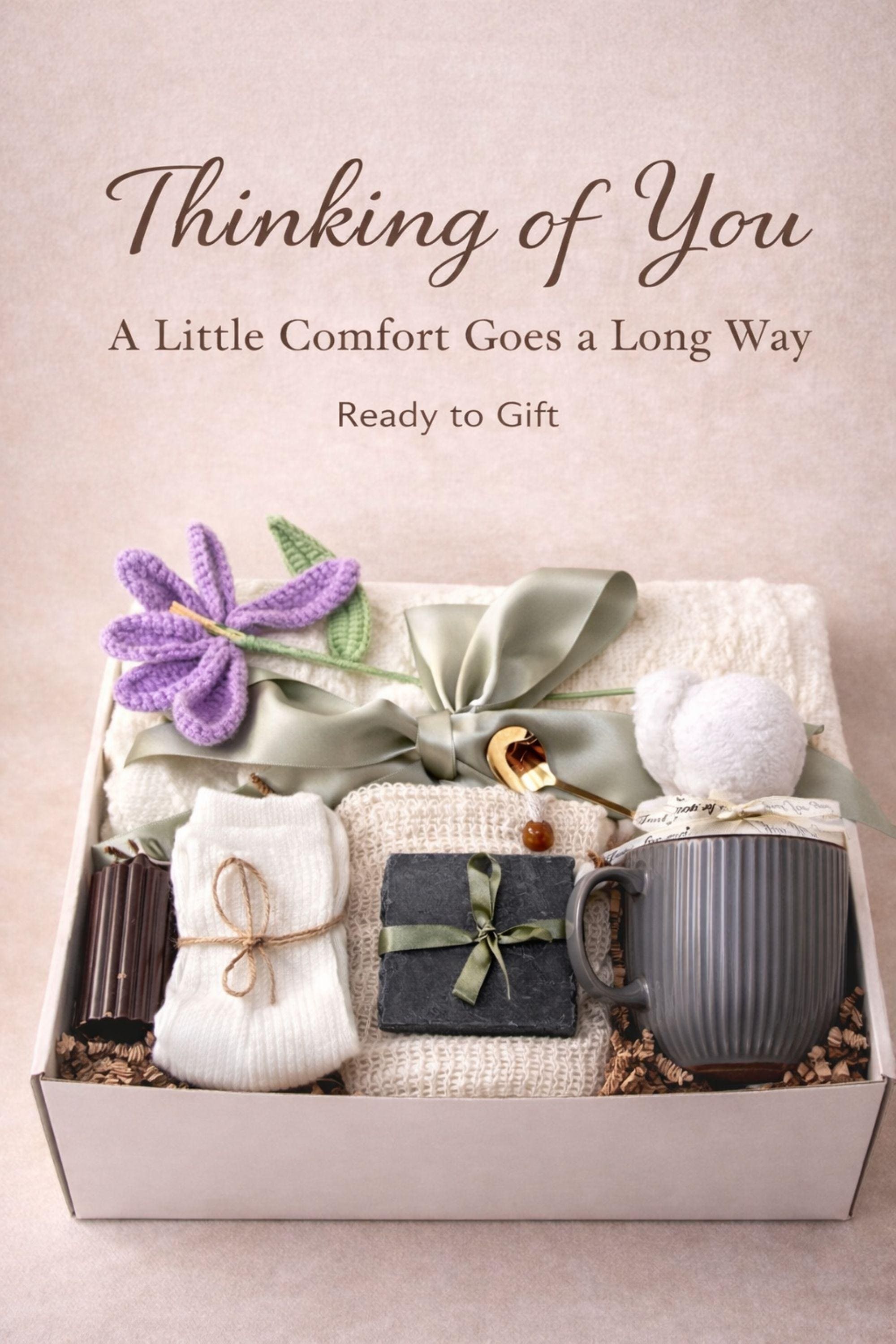 thinking of you gift box for women cozy comfort care package with blanket mug candle soap socks crochet flower emotional support gift basket ready to gift neutral aesthetic self care gift box for her comfort basket thoughtful gift cozy gift box