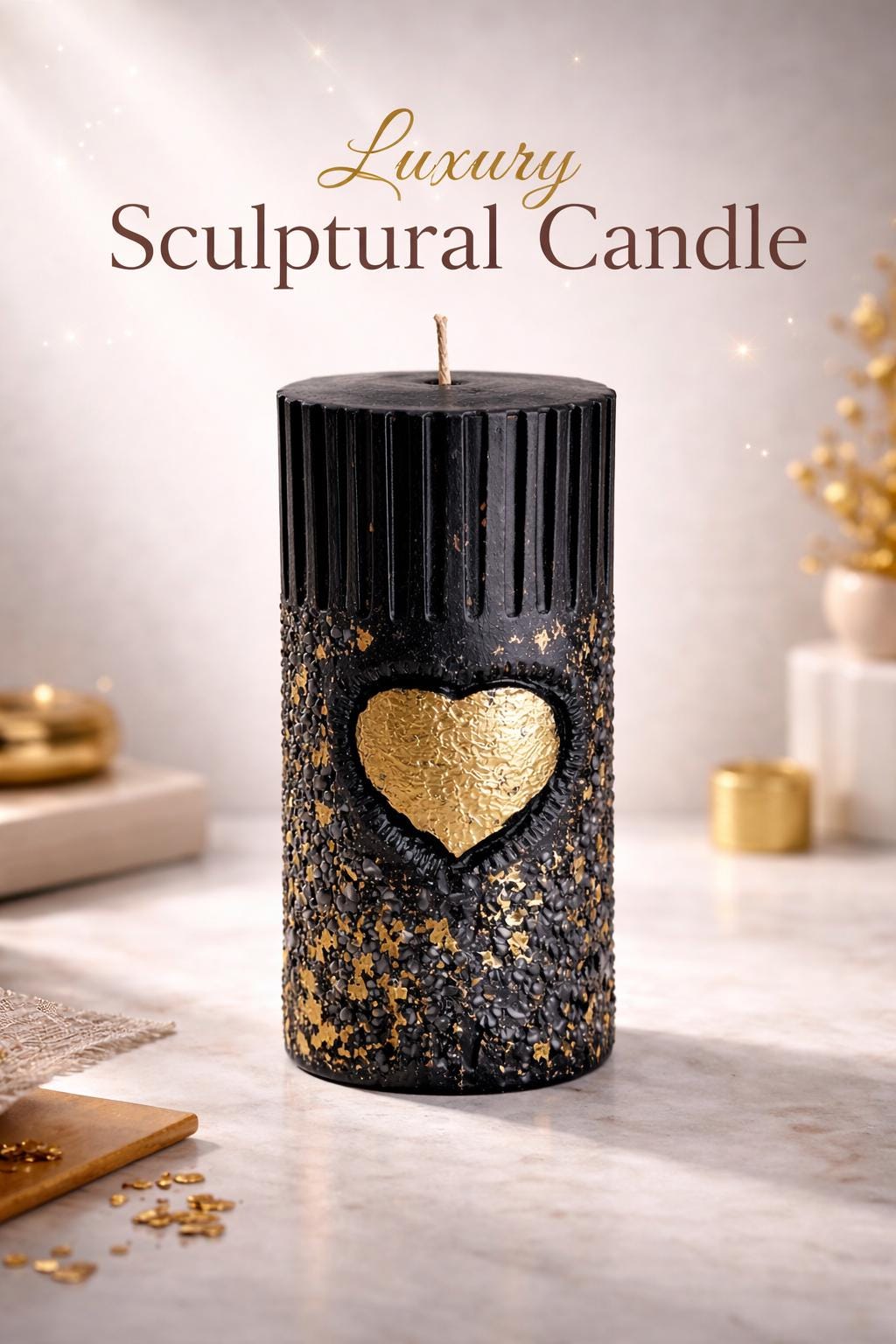 Modern sculptural black candle with gold heart detail, luxury decorative candle, minimalist home decor accent, artistic statement candle, unique gift for her, black and gold aesthetic candle
