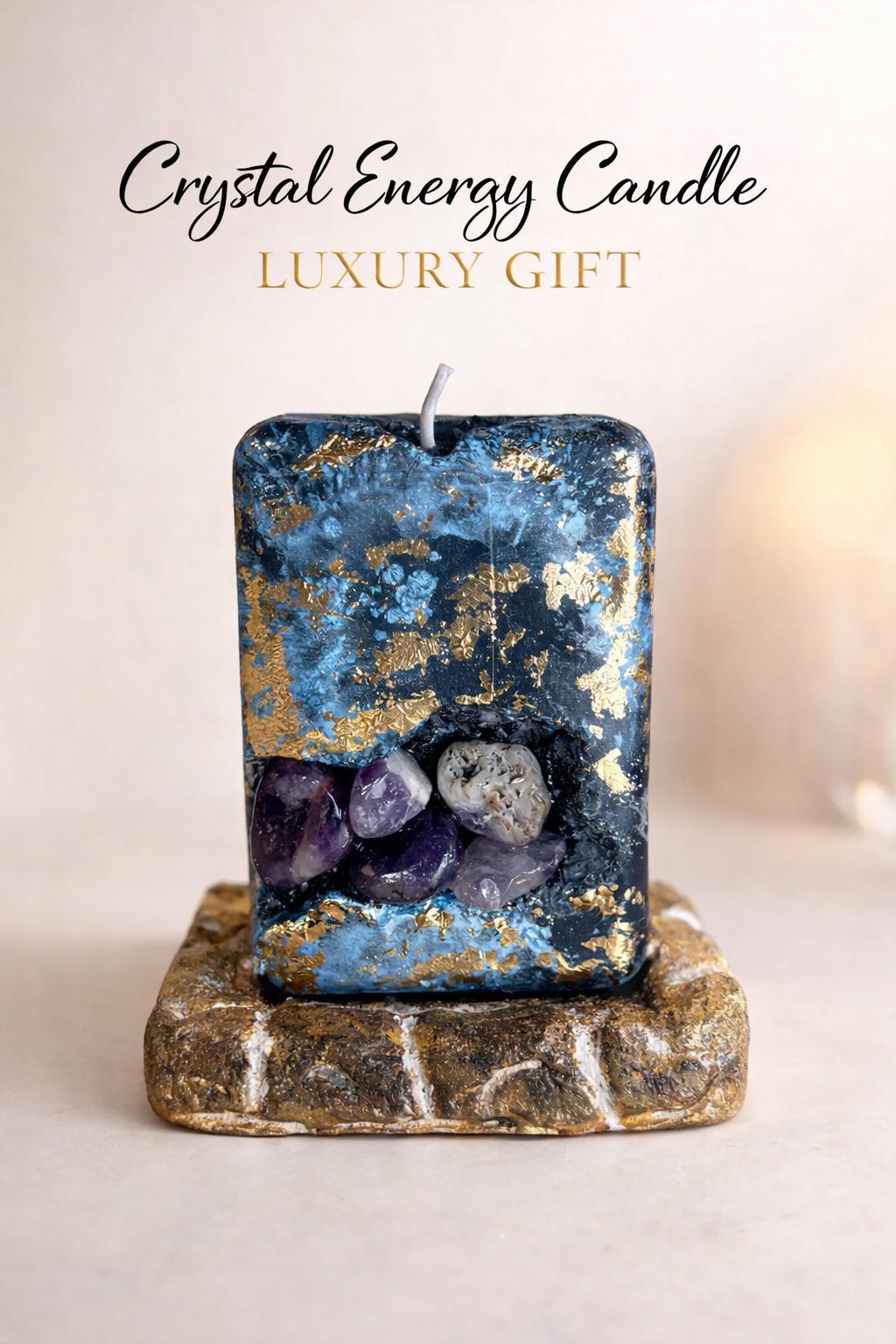 amethyst crystal candle gift for her luxury candle with gemstones handmade spiritual decor healing candle blue gold aesthetic home decor candle