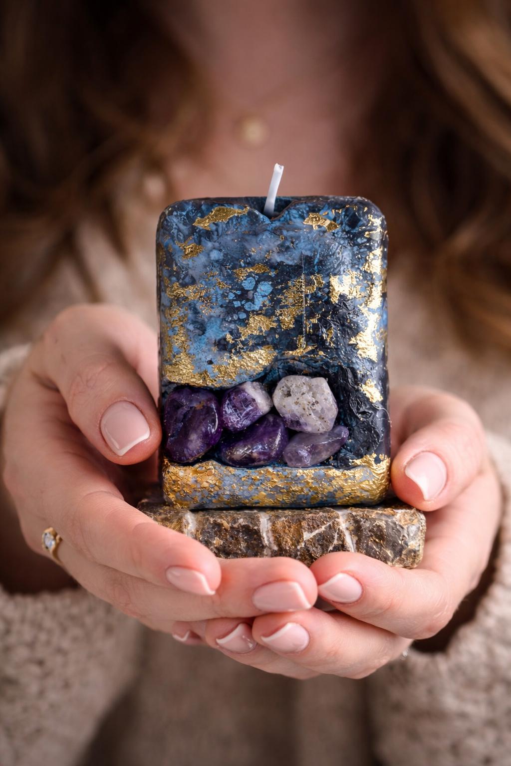 hand holding amethyst crystal candle handmade luxury candle with gemstones spiritual gift for her aesthetic home decor candle