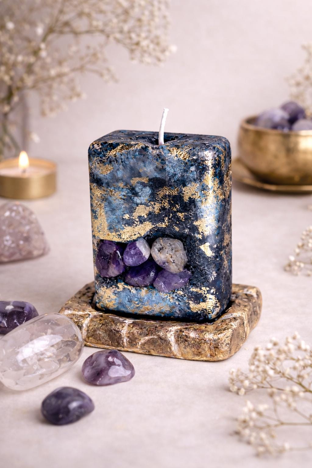 Amethyst crystal candle in gift box with ribbon luxury handmade candle packaging gift for her 24K gold leaf candle